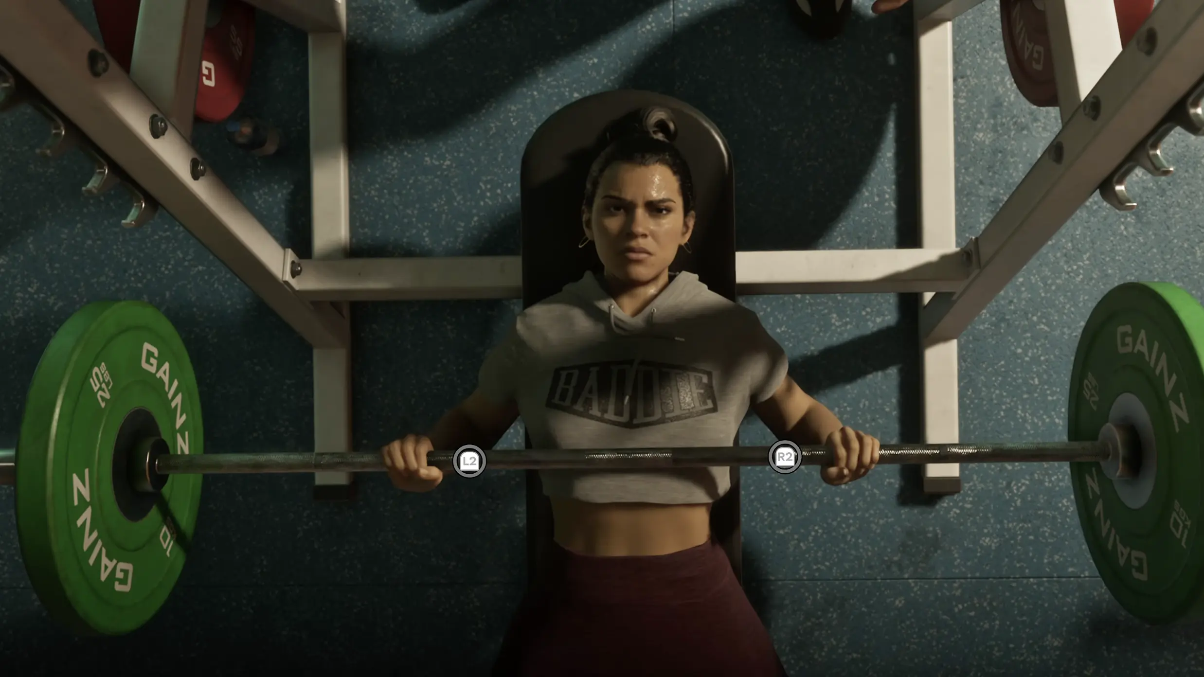 Lucia lifting weights: Lucia performs a bench press during a gym workout in GTA VI.