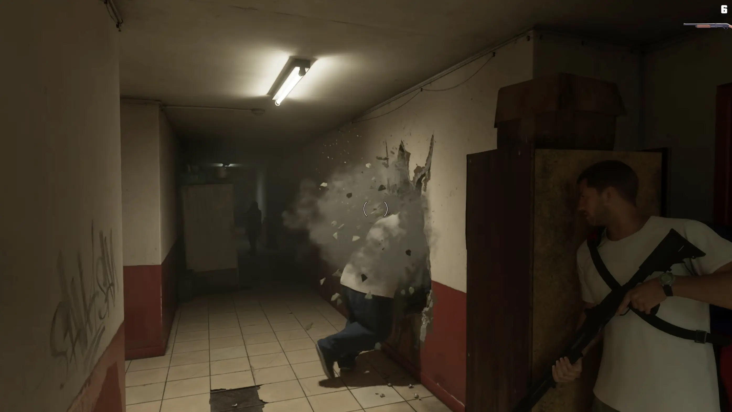 GTA VI combat mission: A GTA VI character takes cover with a shotgun as an enemy crashes through a wall during an indoor shootout.