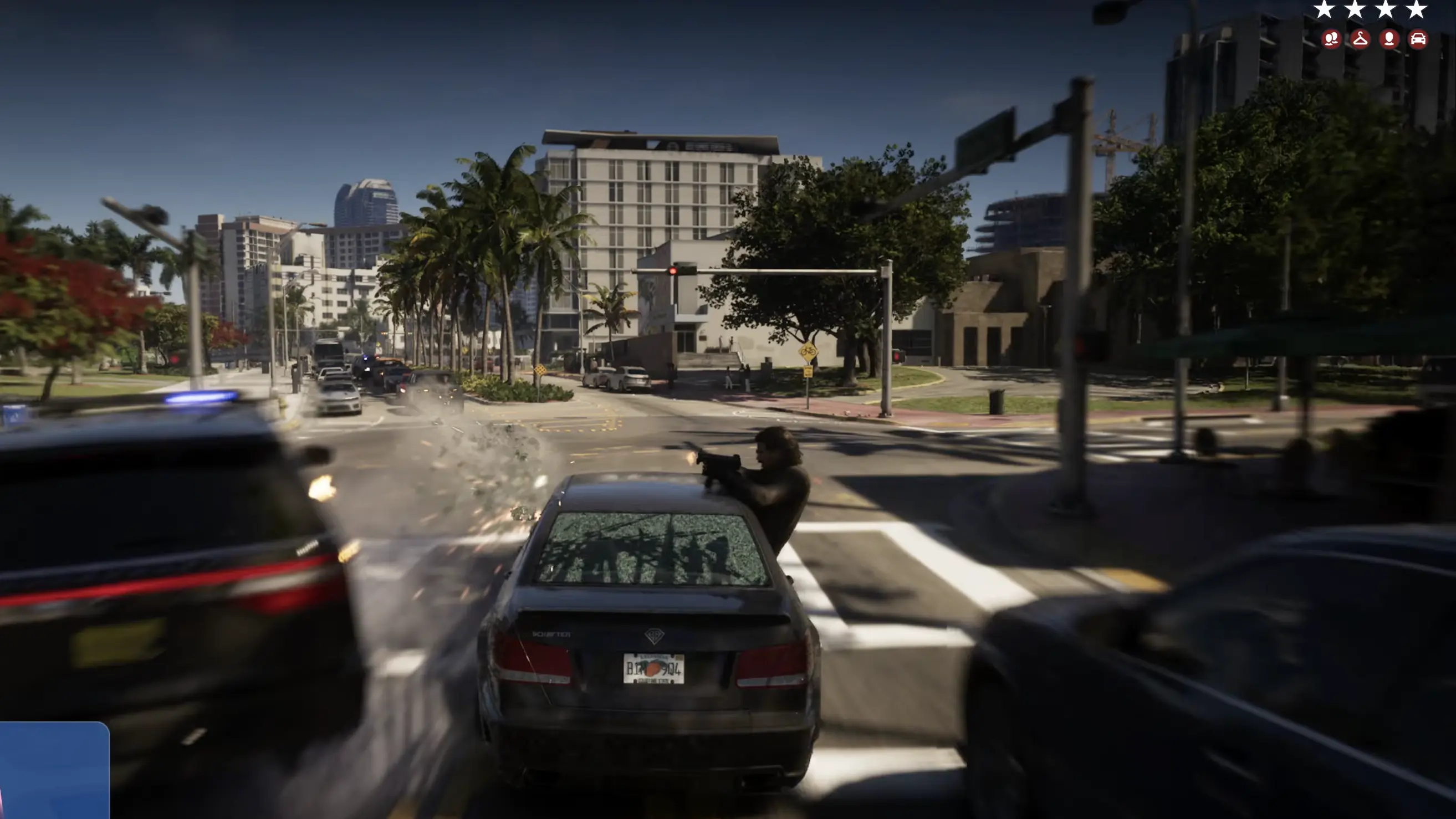 GTA VI police chase: A GTA VI character fires from a moving car during a four-star police chase through Vice City.