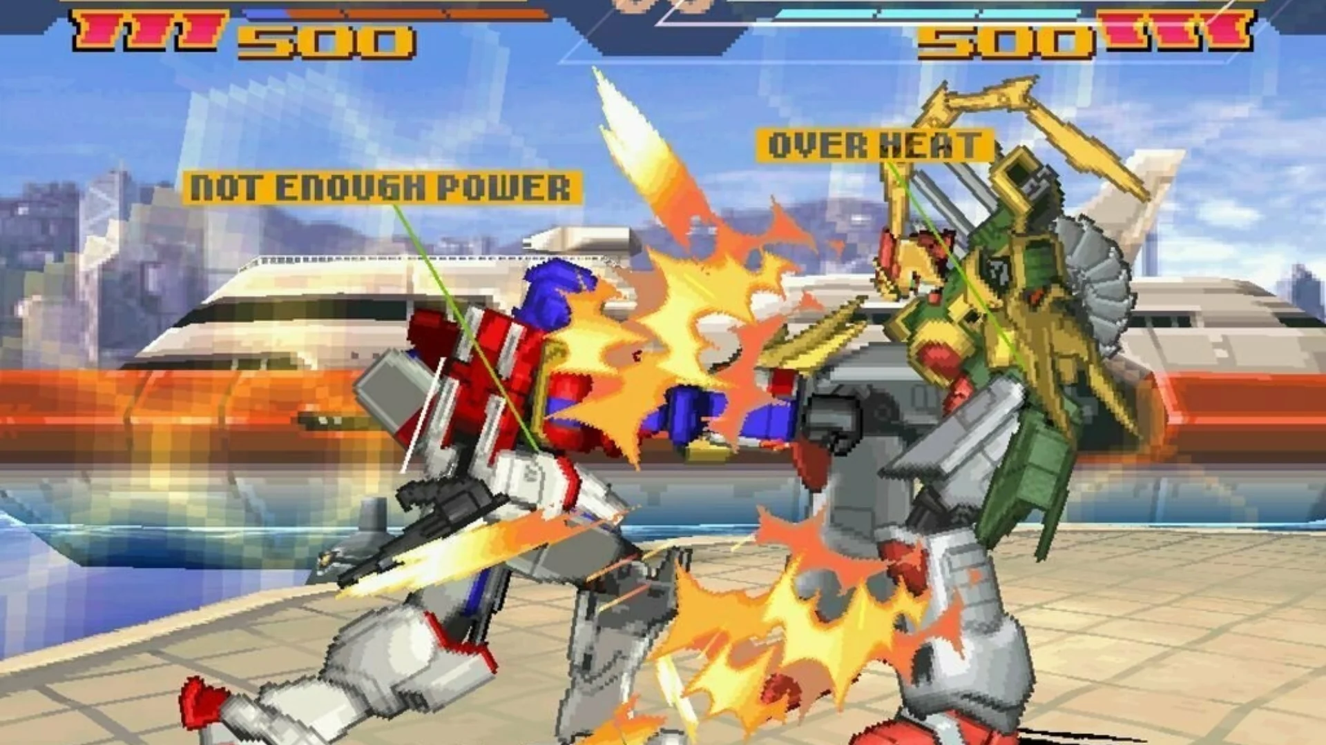 Two Gundam mobile suits clash in a retro 2D fighting game with power and overheat warnings on screen.
