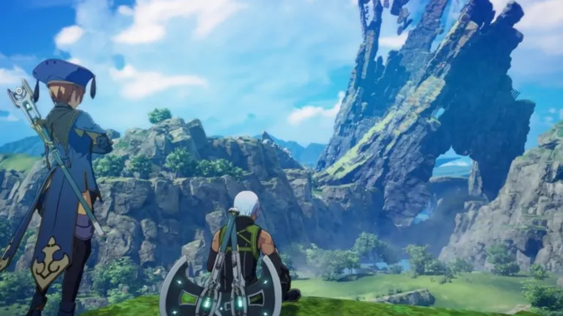 Two anime-style characters overlook a green valley dominated by a massive broken rock formation.