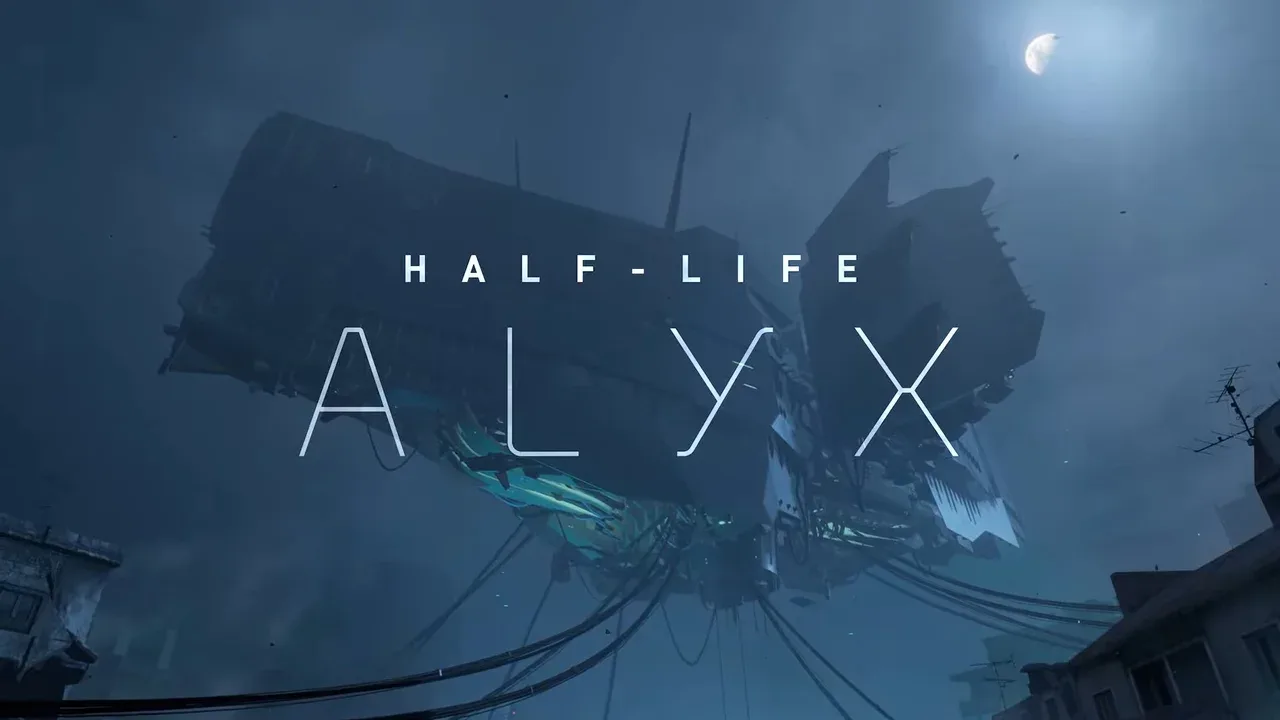 Half-Life: Alyx title screen showing a massive Combine structure above City 17 at night