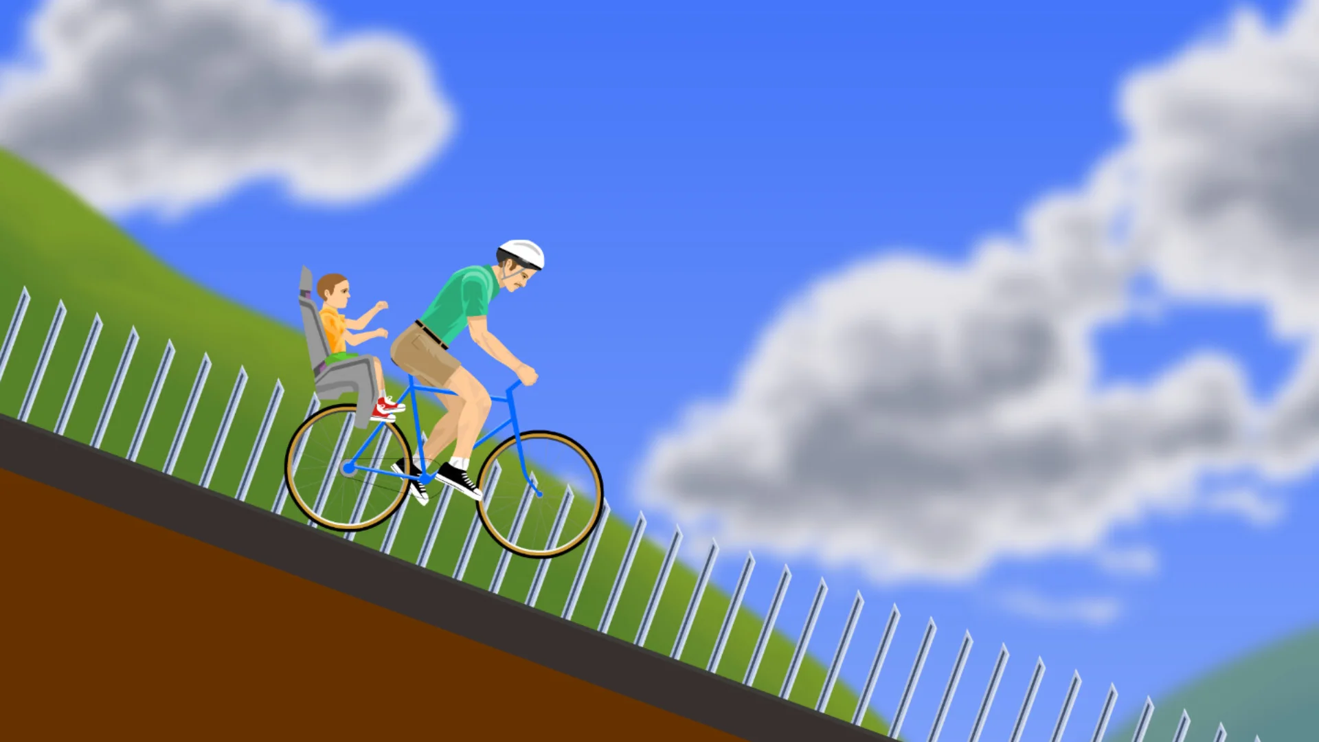 Happy Wheels bicycle rider carries a child down a steep hill beneath a bright blue sky.