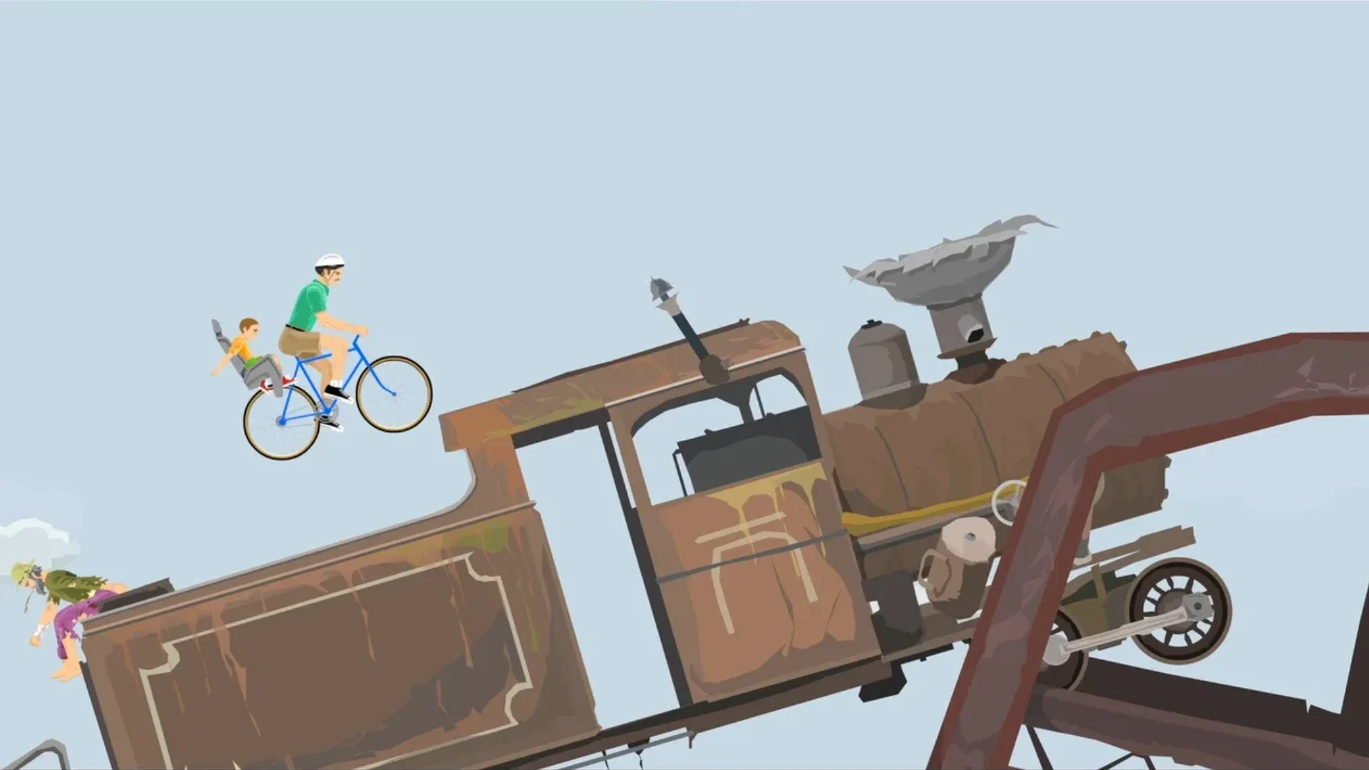 Happy Wheels bicycle rider and child jump above a damaged locomotive on an obstacle course.