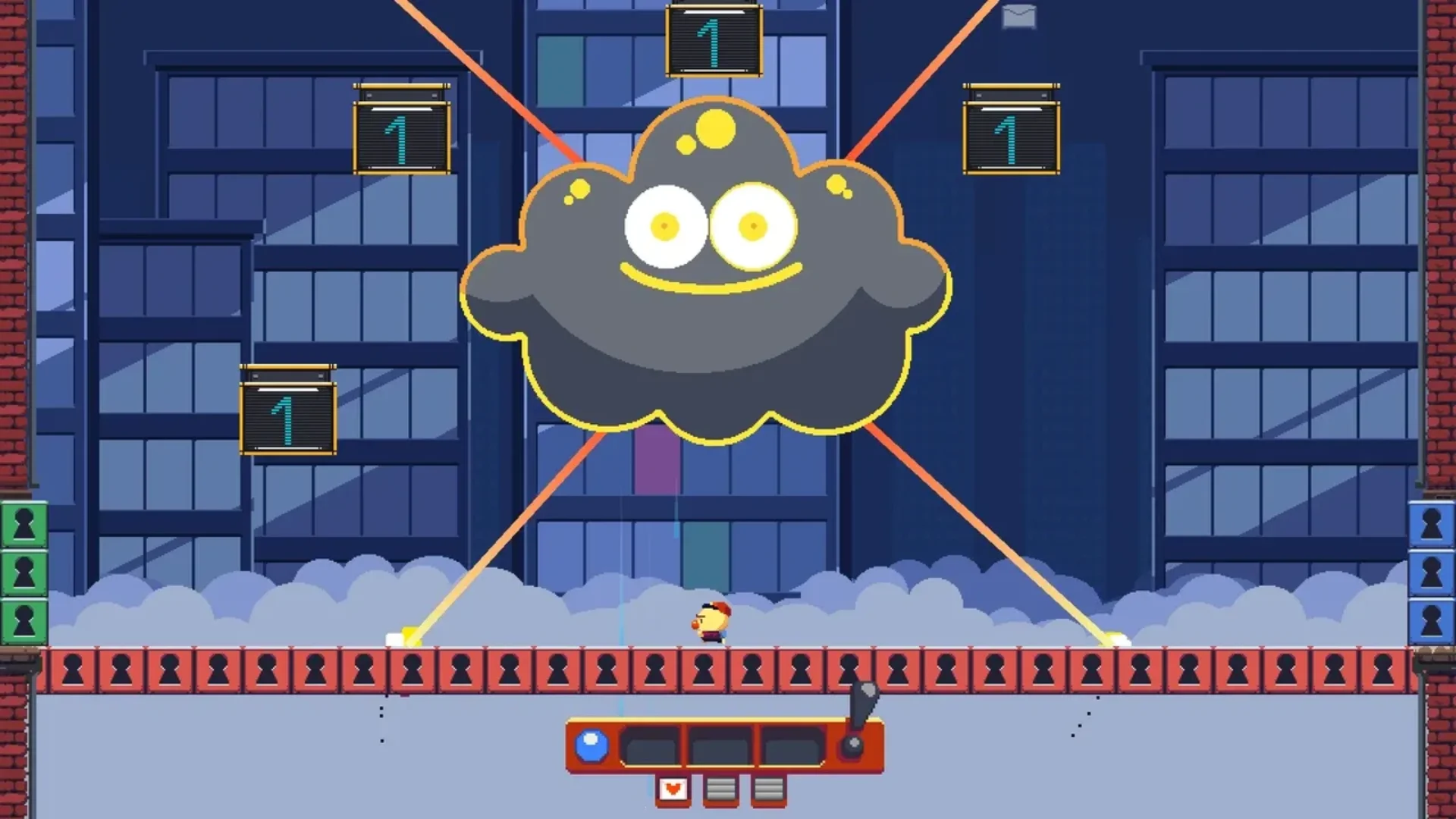 Thomas faces a giant smiling cloud boss in an arena with numbered blocks and crossing beams in Hayfever.