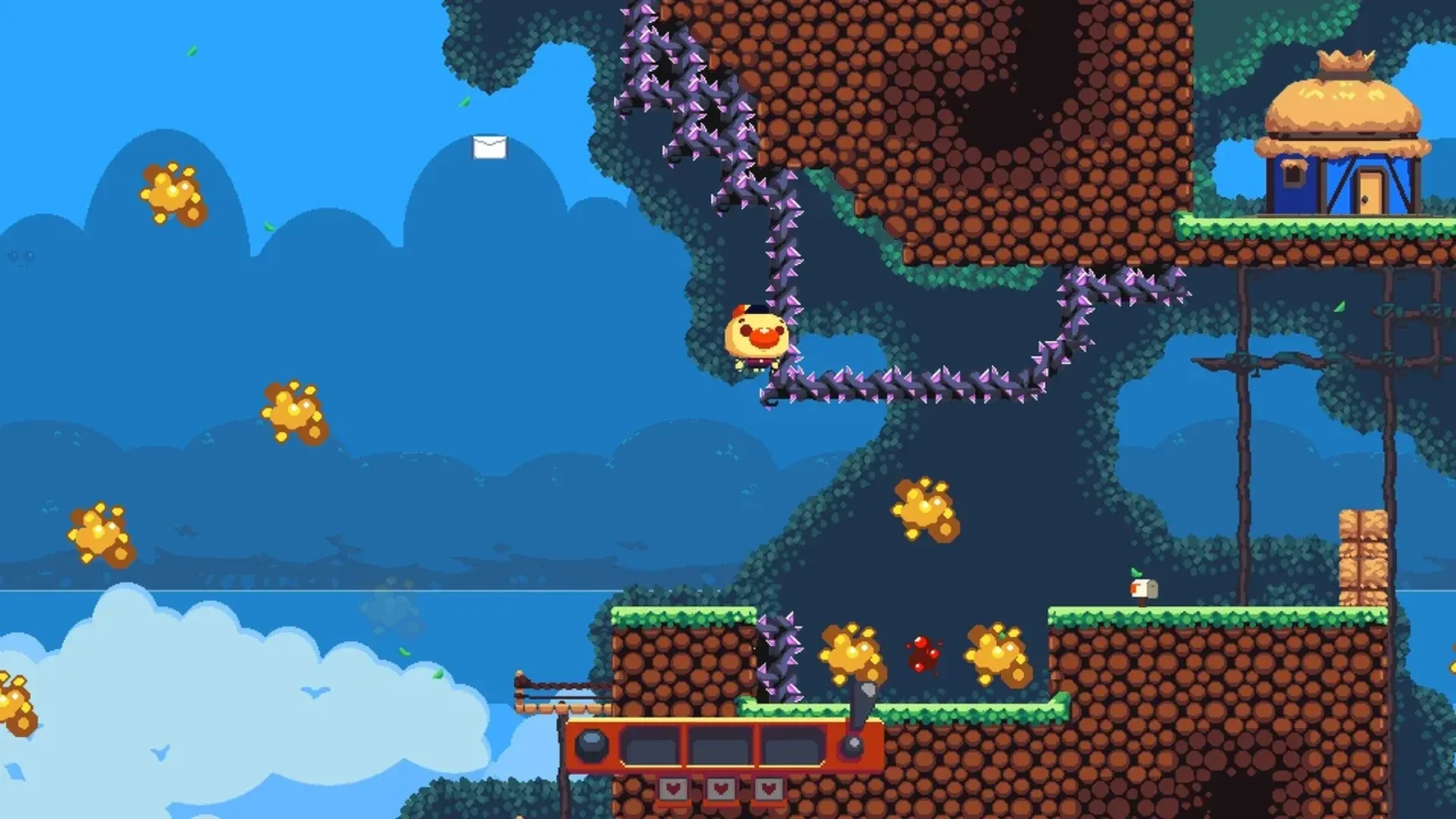 Thomas jumps through a colorful platforming stage lined with spikes and glowing yellow hazards in Hayfever.