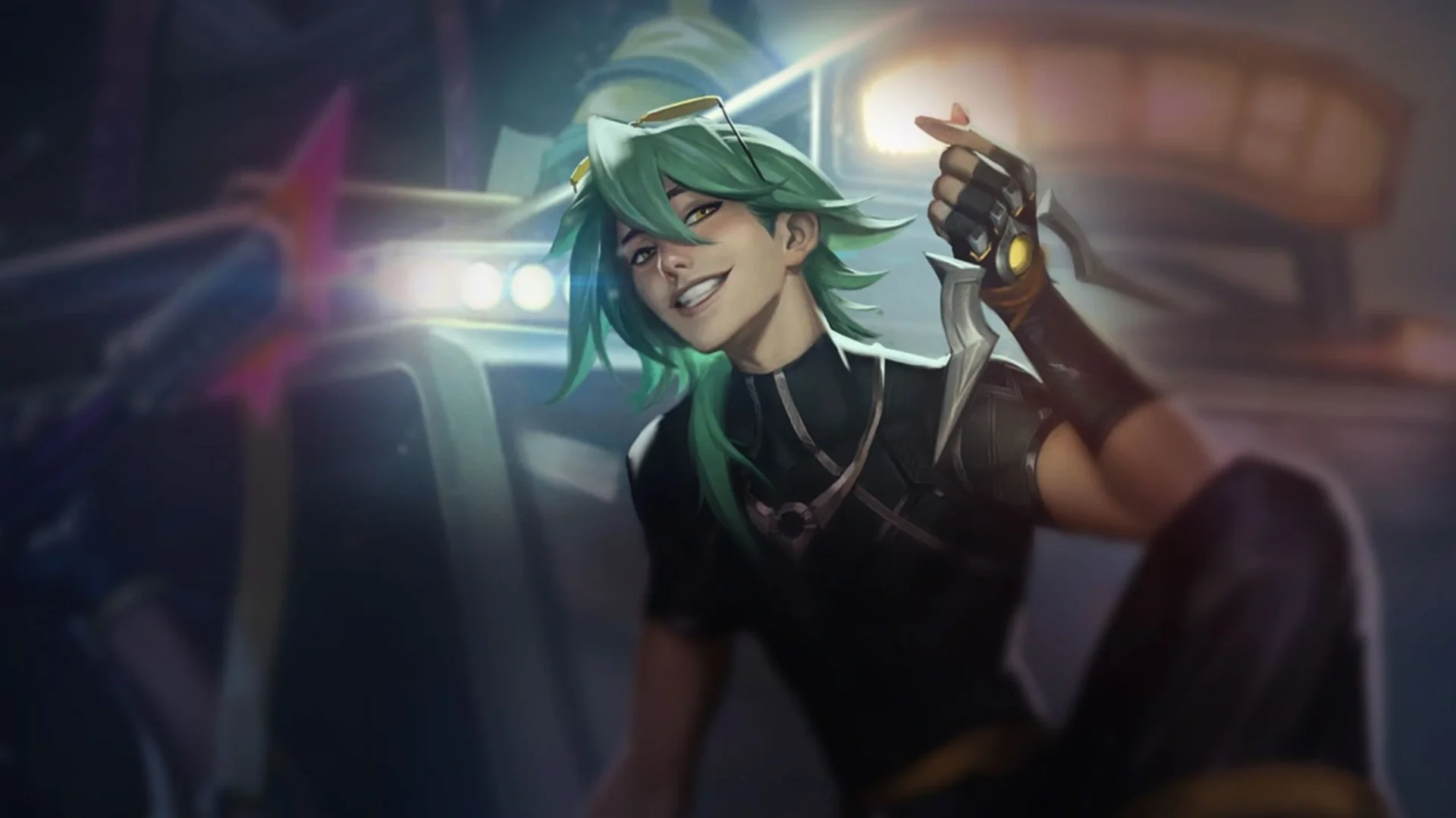 A green-haired HEARTSTEEL member poses beside a vehicle in neon-lit Live My Life artwork.
