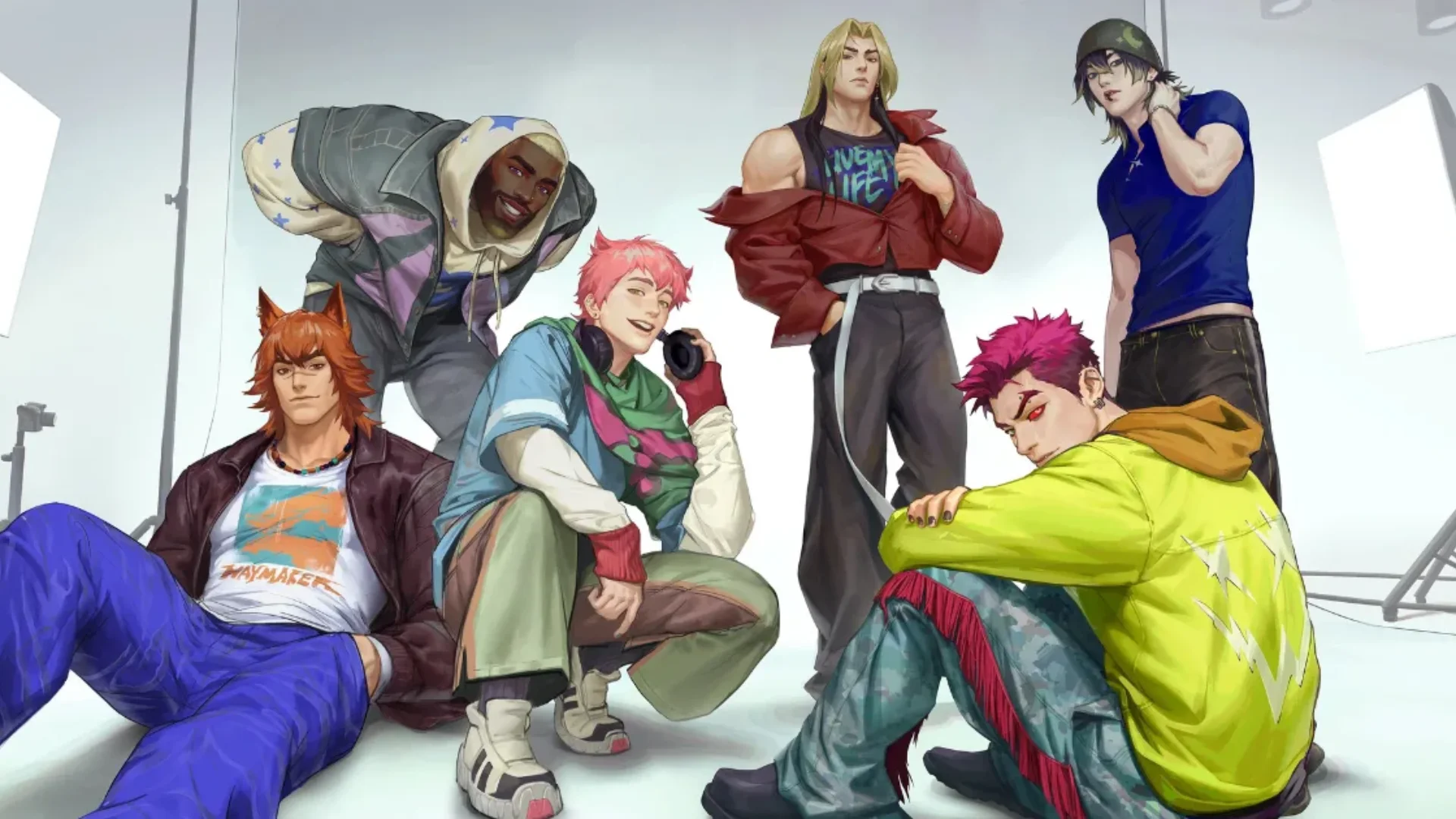 Six HEARTSTEEL members pose together in League of Legends promotional artwork.