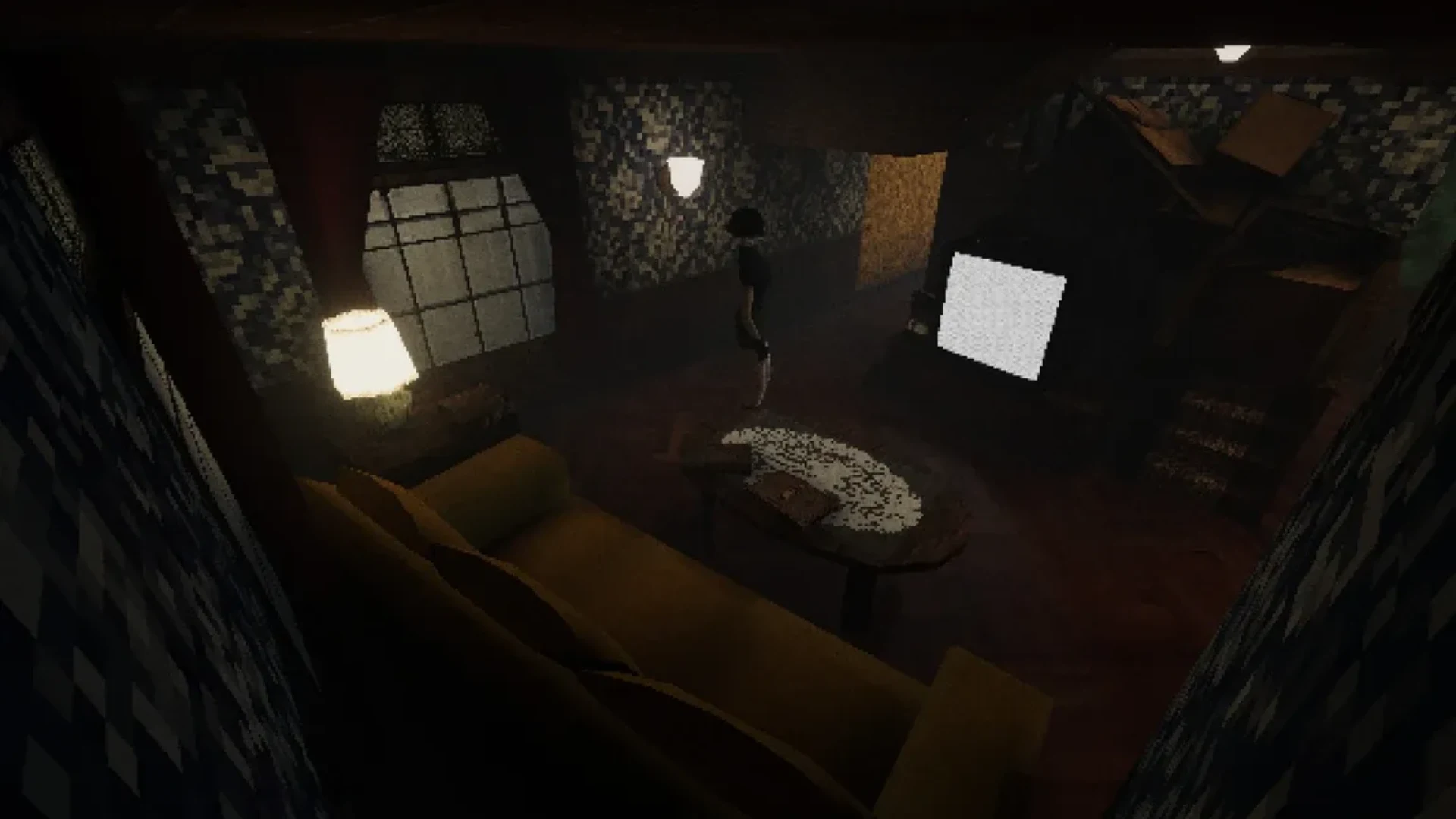 Sam explores a dim living room with a glowing television, sofa, table, and patterned walls in Heartworm.