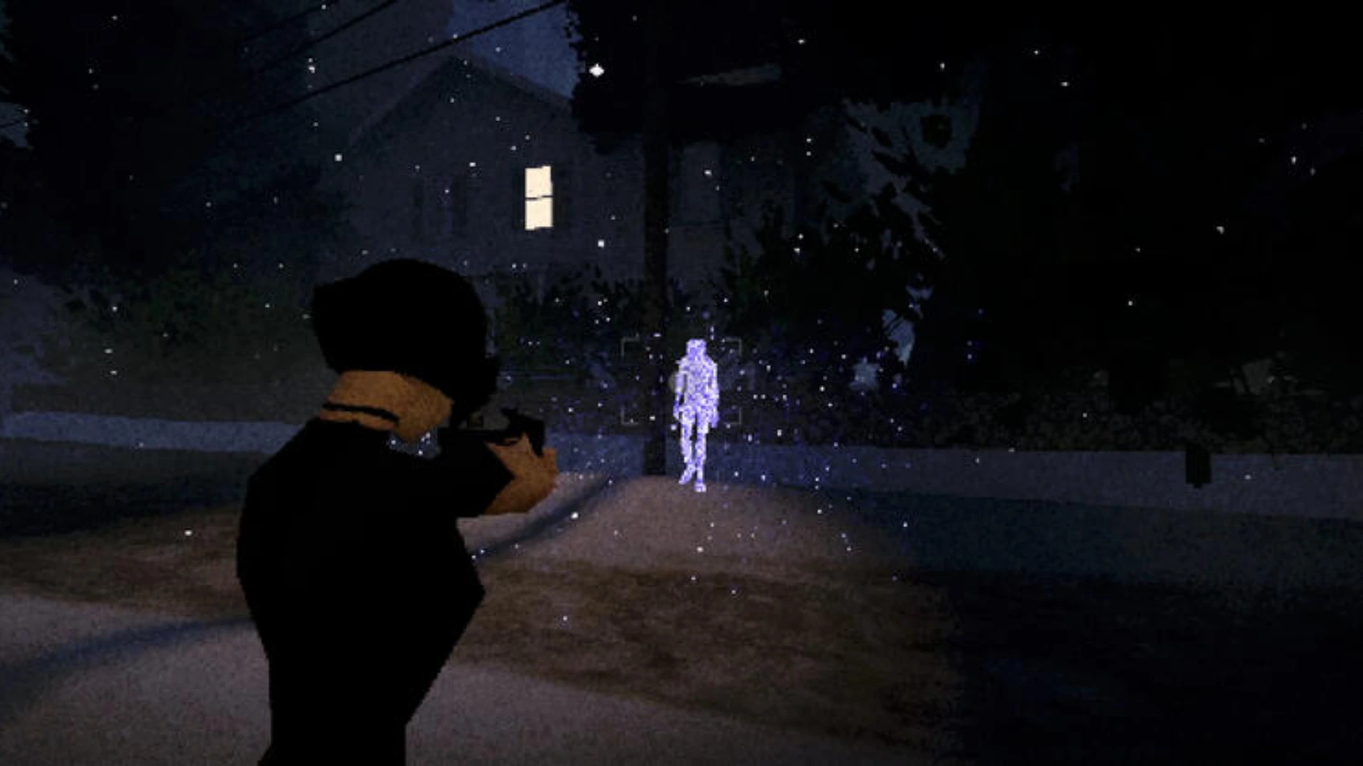 Sam aims her camera at a glowing spectral figure outside a dark house at night in Heartworm.