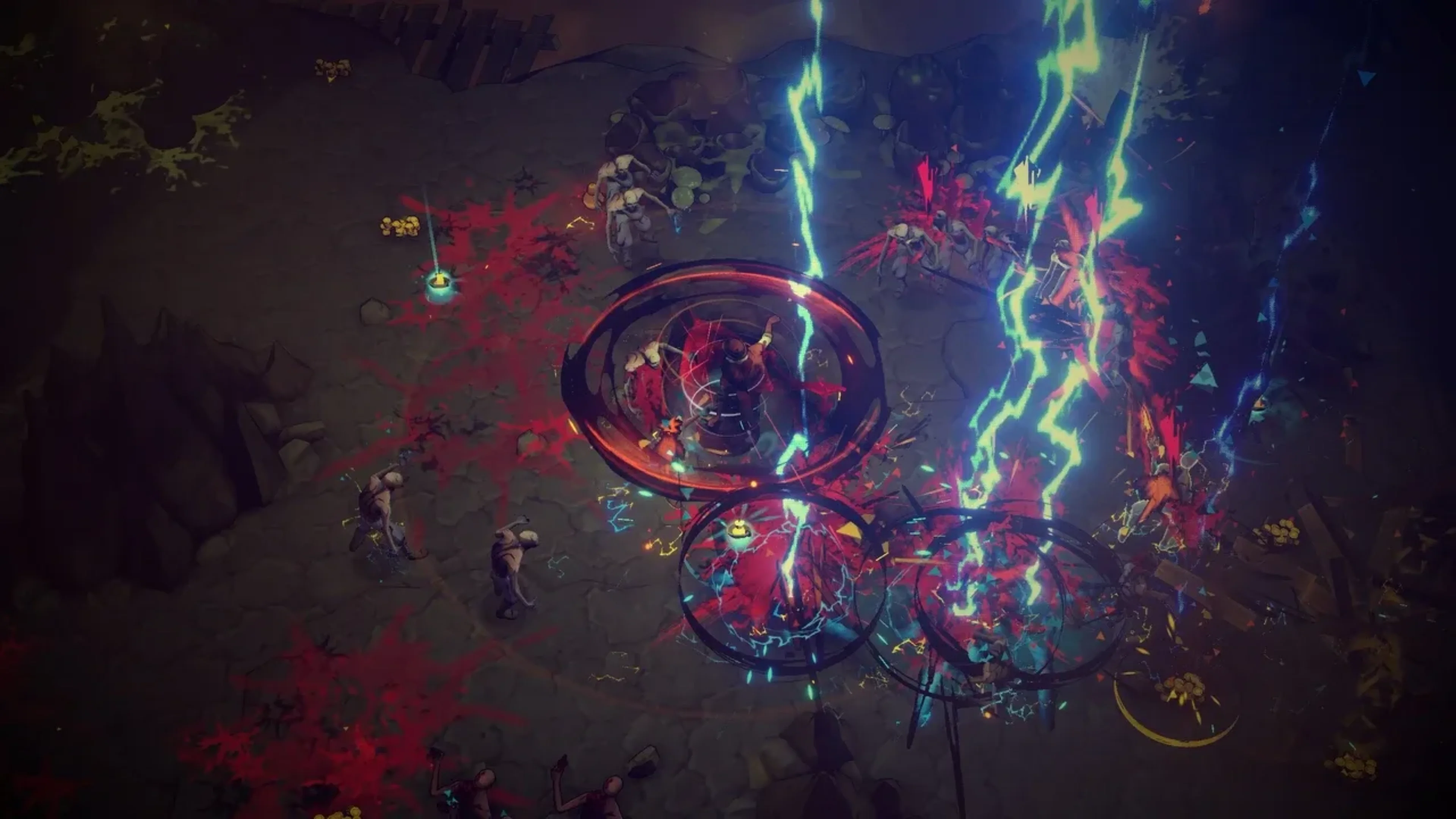Hell Clock gameplay showing blue lightning strikes hitting enemies during a battle surrounded by magical effects.