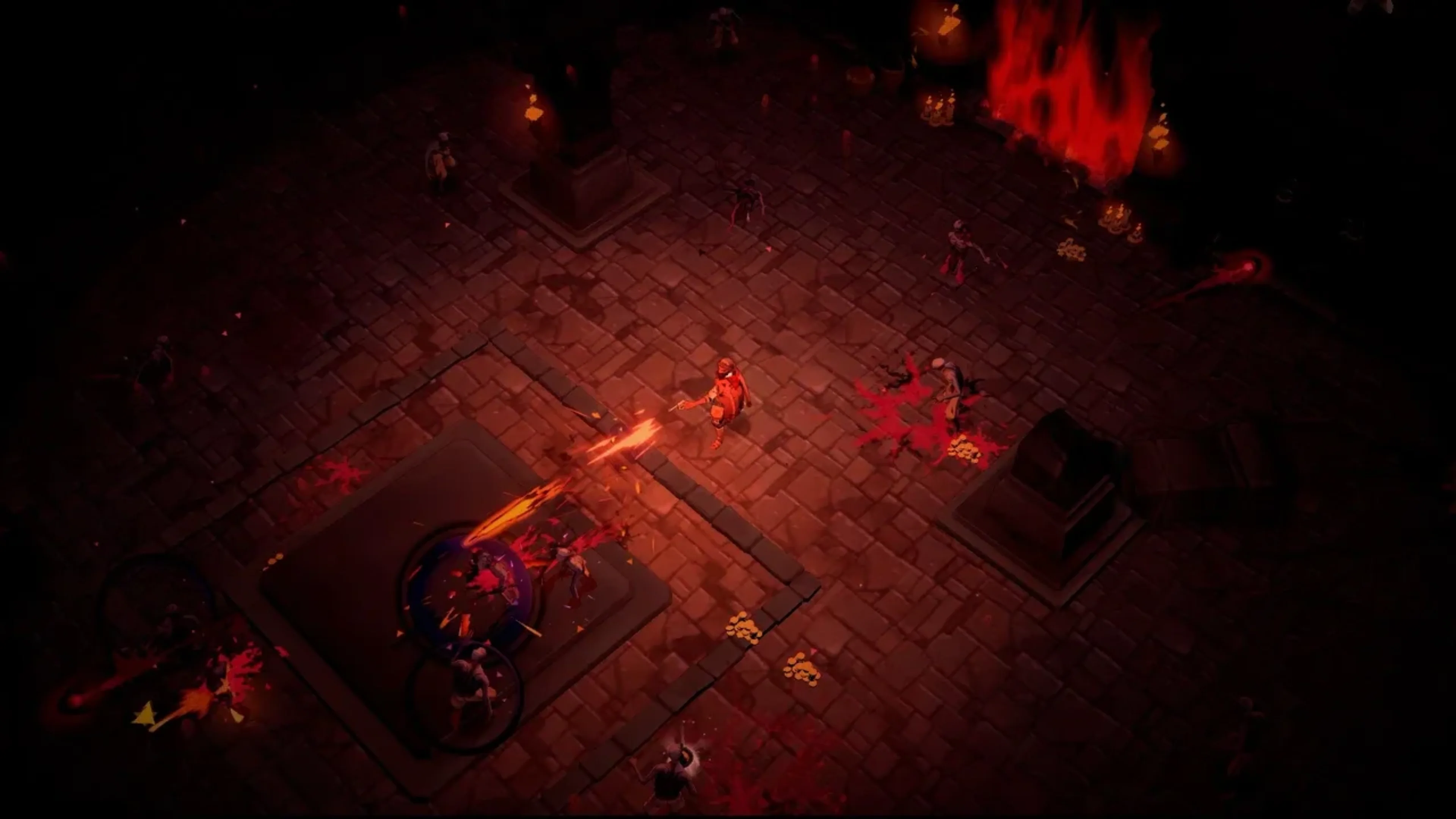 Hell Clock gameplay showing a character fighting enemies in a dark, red-lit dungeon using a fiery attack.