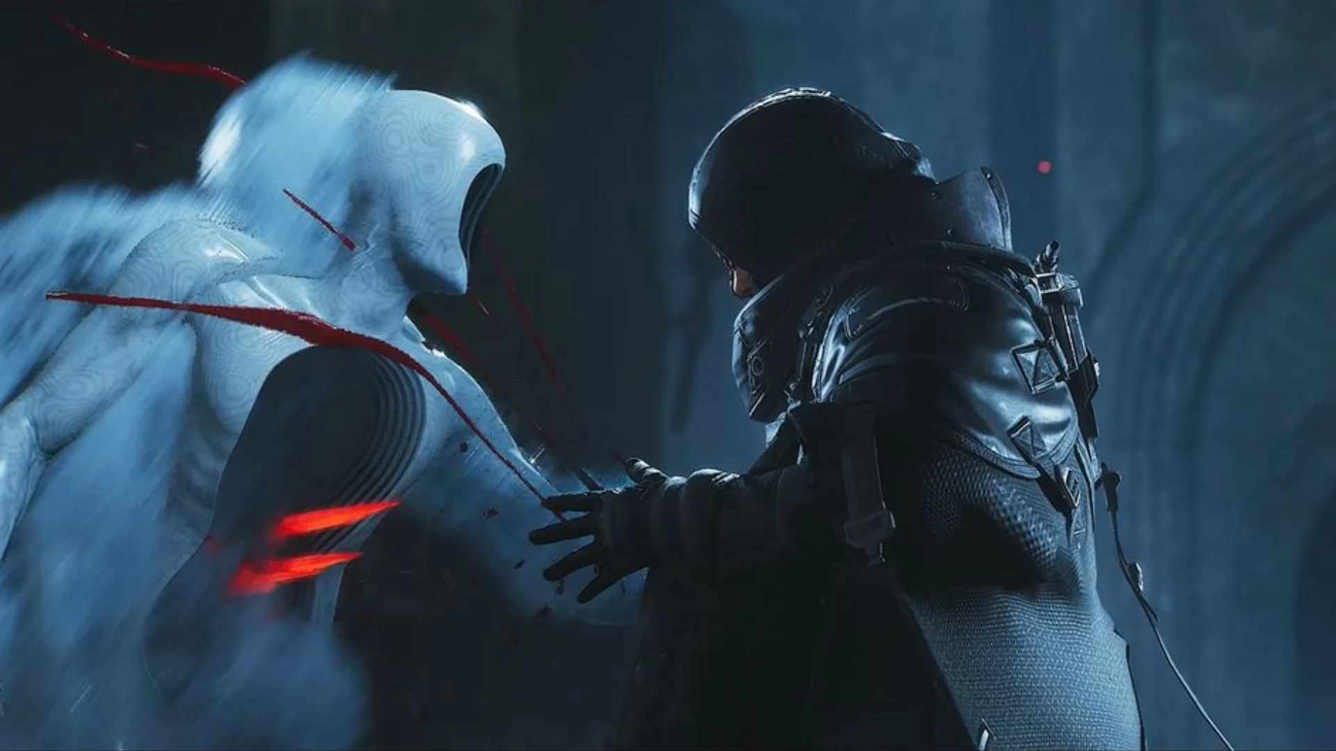 Hell Is Us character fights a white Hollow Walker at close range as red attack effects appear between them.