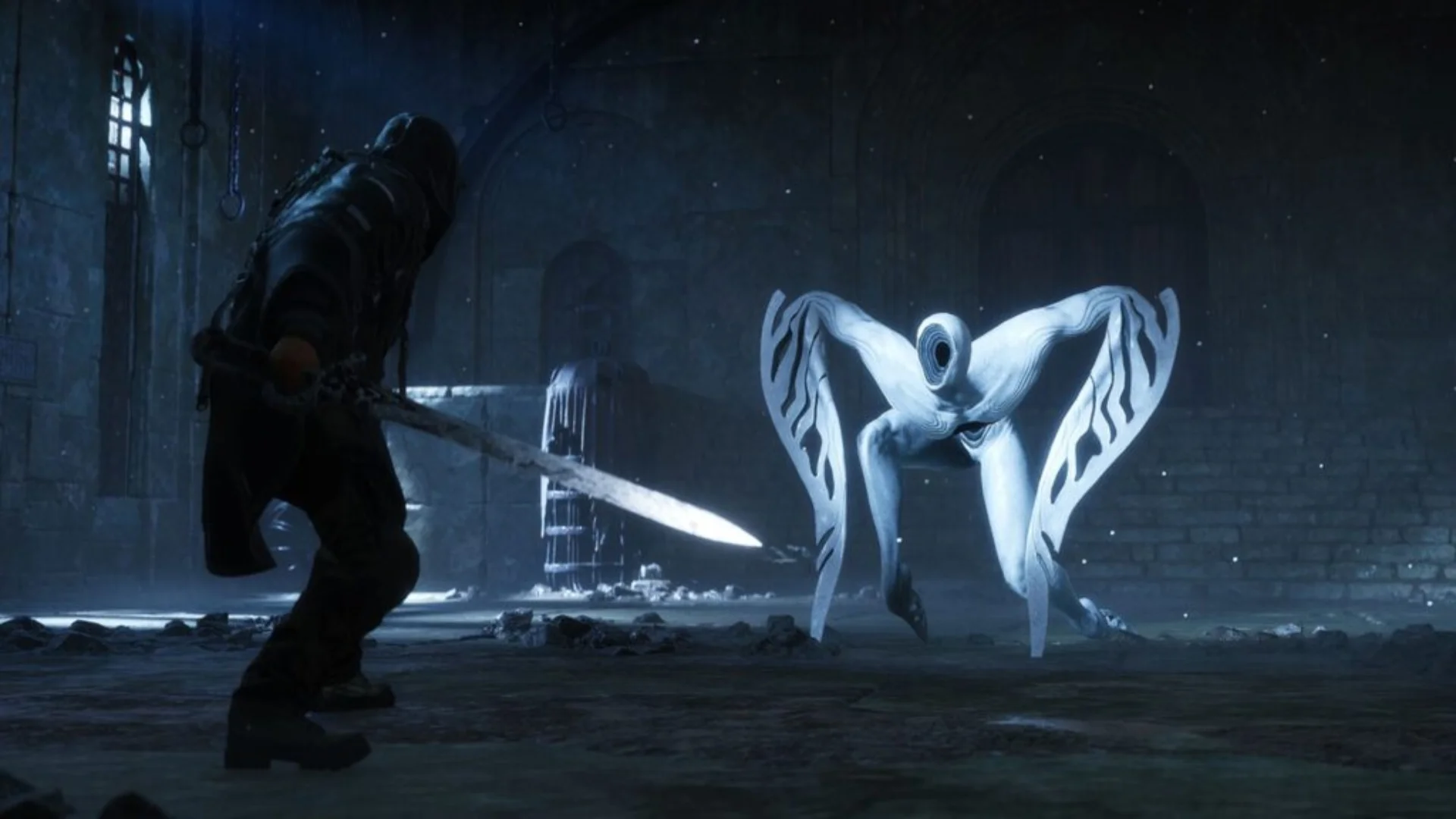 Hell Is Us character holds a sword while facing a glowing white Hollow Walker inside a dark ruined building.