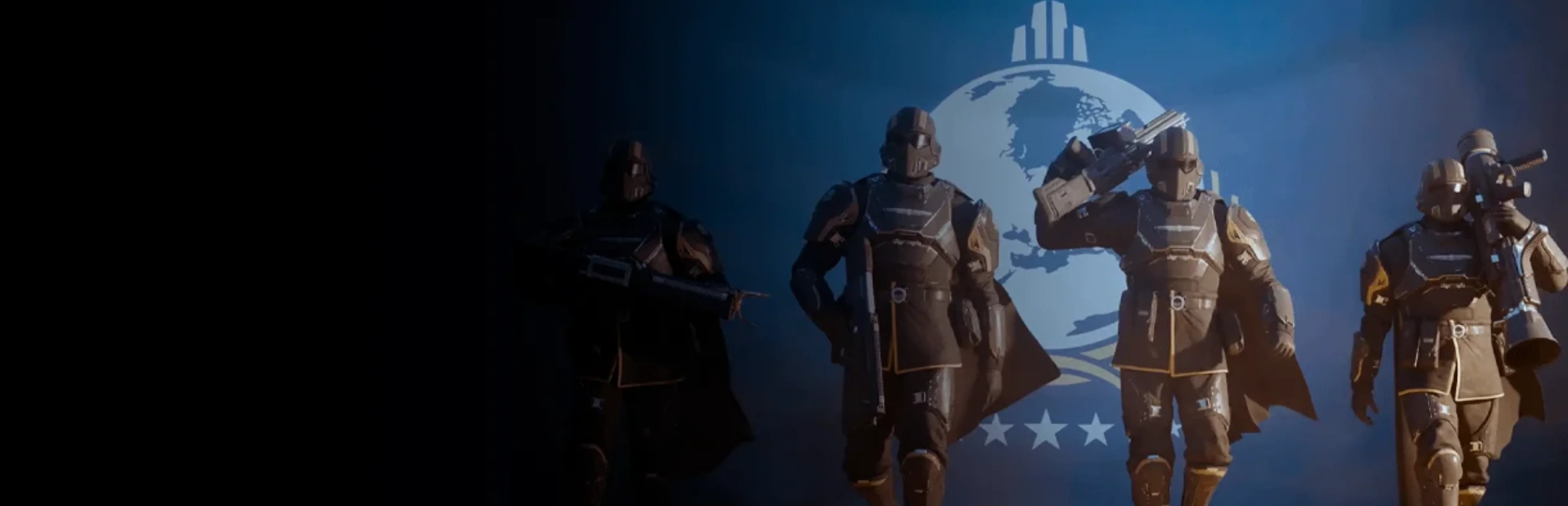 Two armored Helldivers stand near a large structure as a glowing alien machine approaches through a rainy purple landscape.