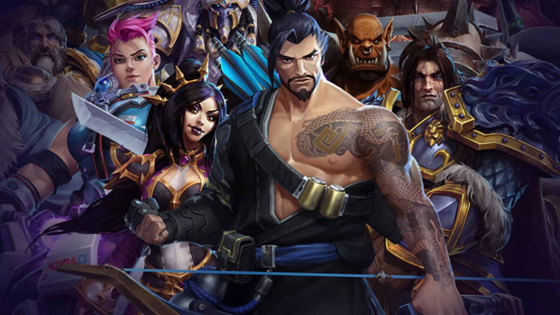 Heroes from Heroes of the Storm gathered together with Hanzo at the center.