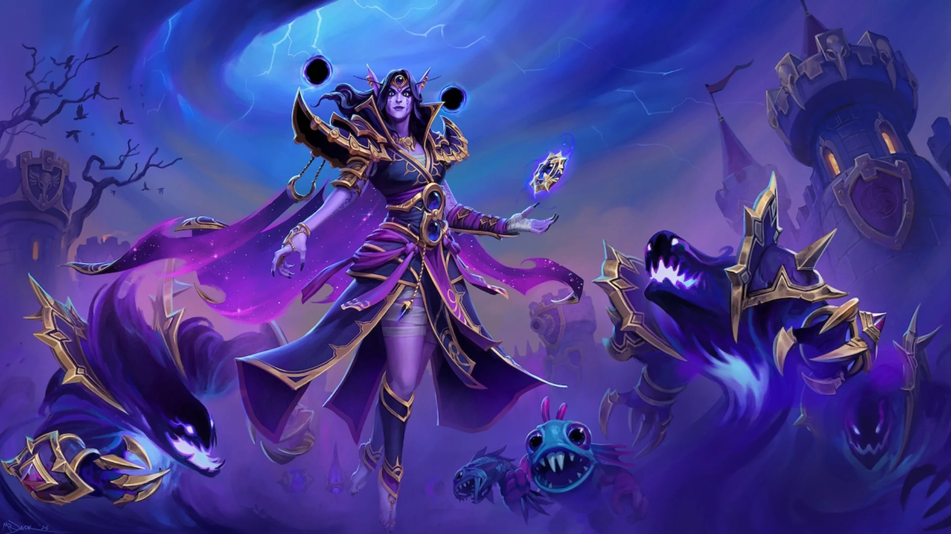 Xal’atath surrounded by Void creatures in Heroes of the Storm artwork.