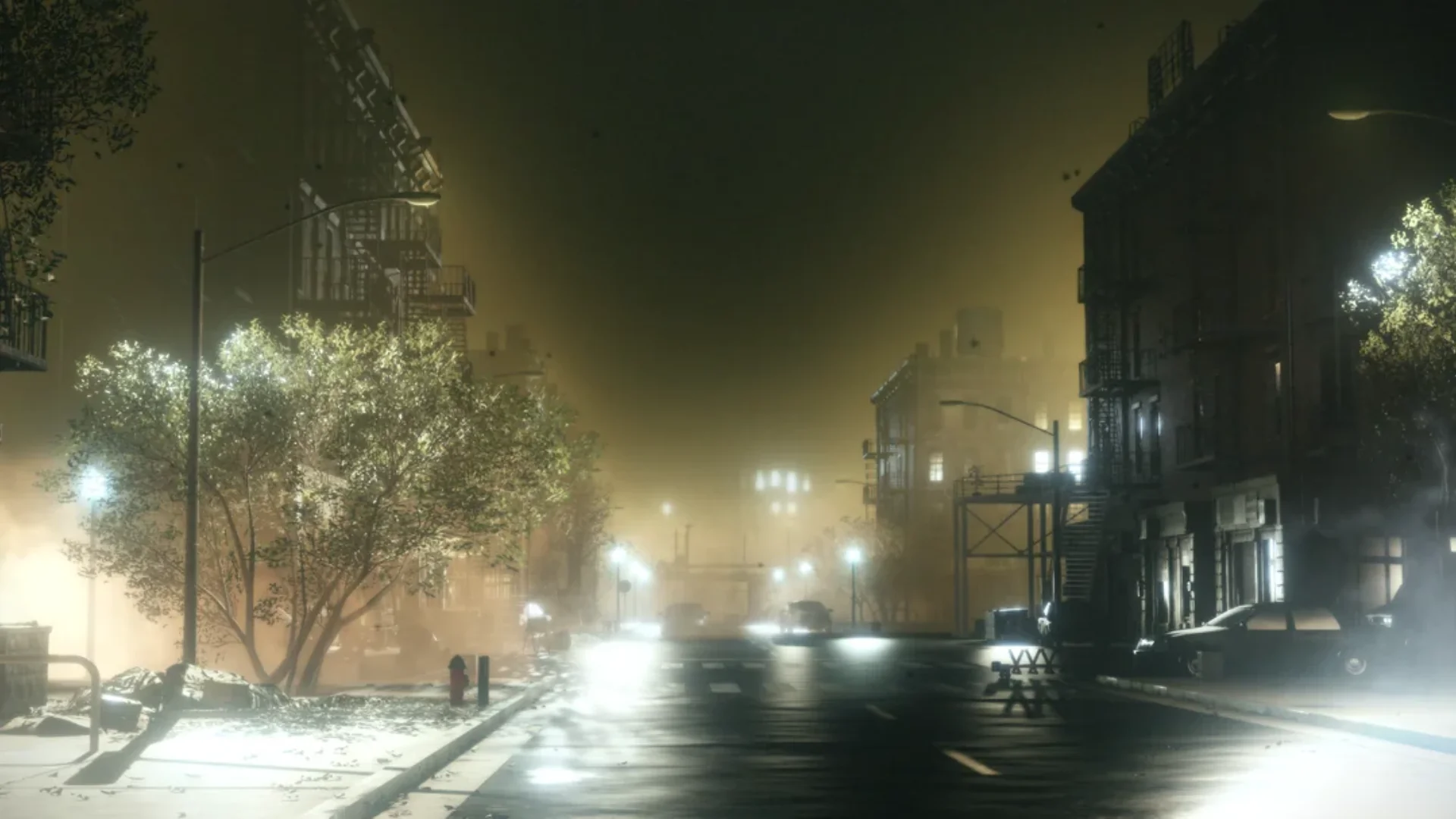 A foggy city street from the P.T. ending sequence running in the unofficial native PC port.