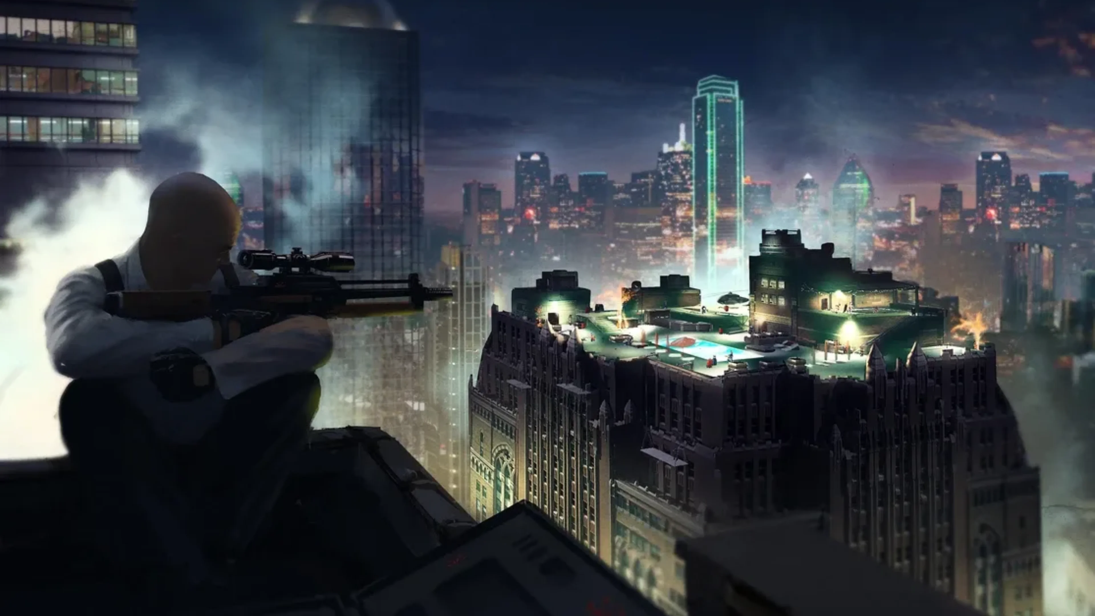 Agent 47 aims a sniper rifle toward a brightly lit rooftop across a city skyline at night in Hitman: Absolution.