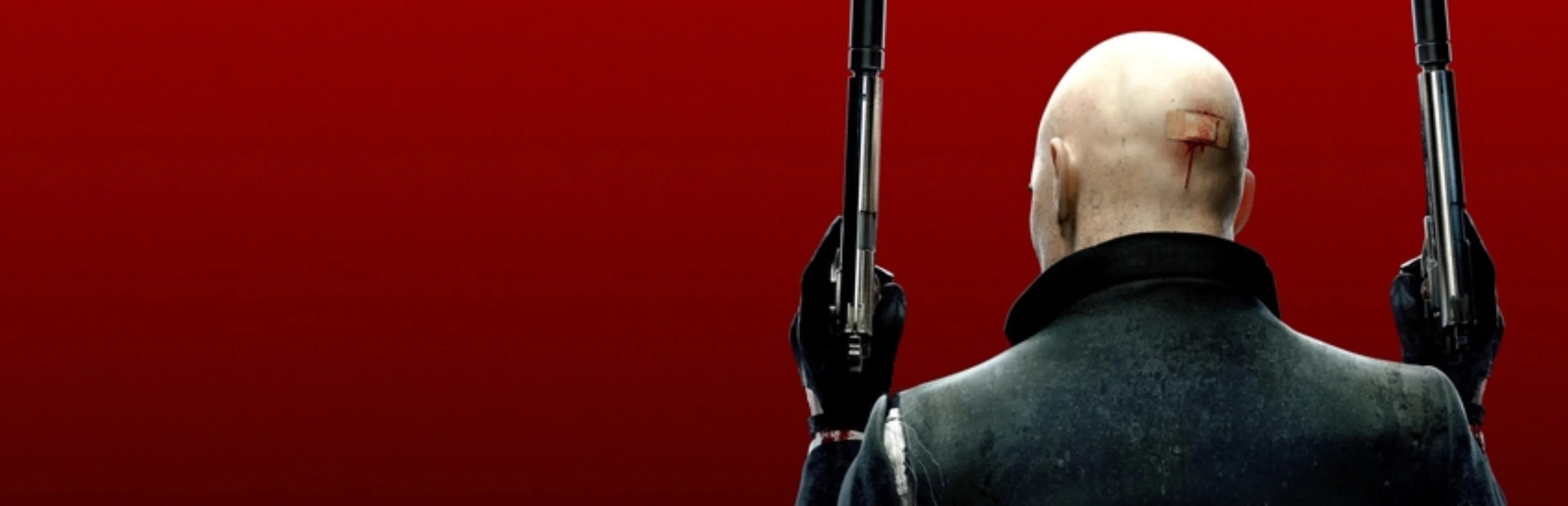 Agent 47 is shown from behind holding two silenced pistols against a red background in Hitman: Absolution artwork.