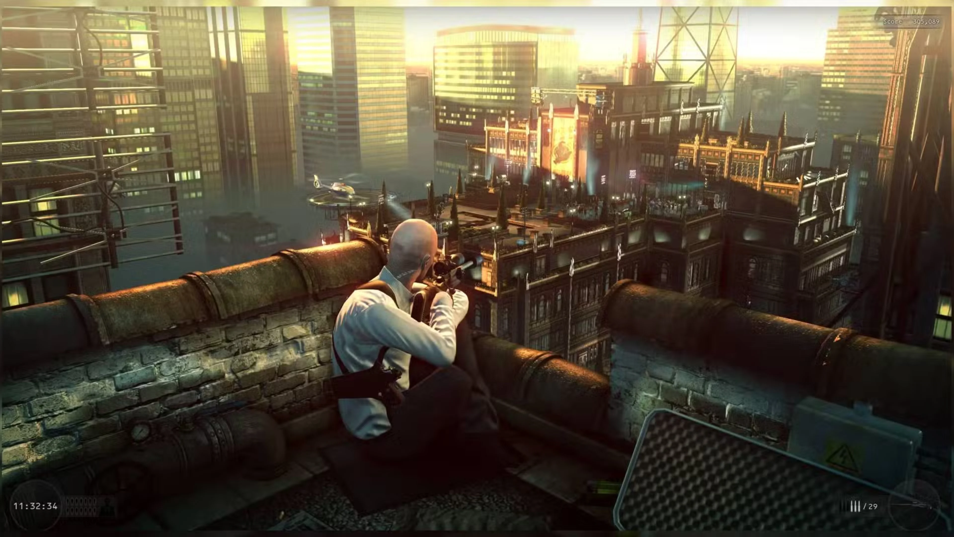 Agent 47 aims a sniper rifle from a rooftop overlooking a crowded building and city skyline in Hitman: Absolution.