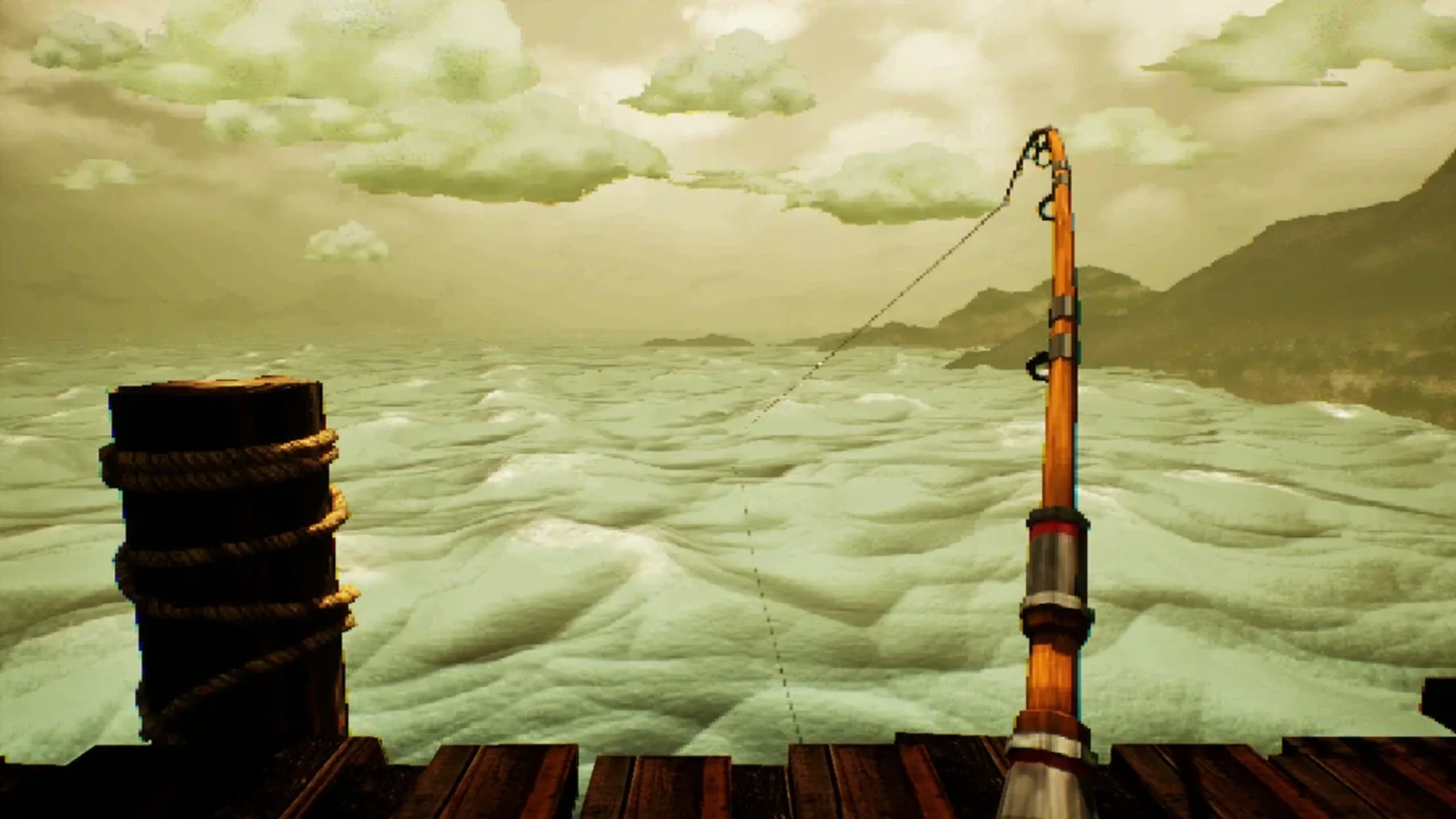 First-person view of a fishing rod cast into choppy ocean waters from a wooden dock in Hookeye.