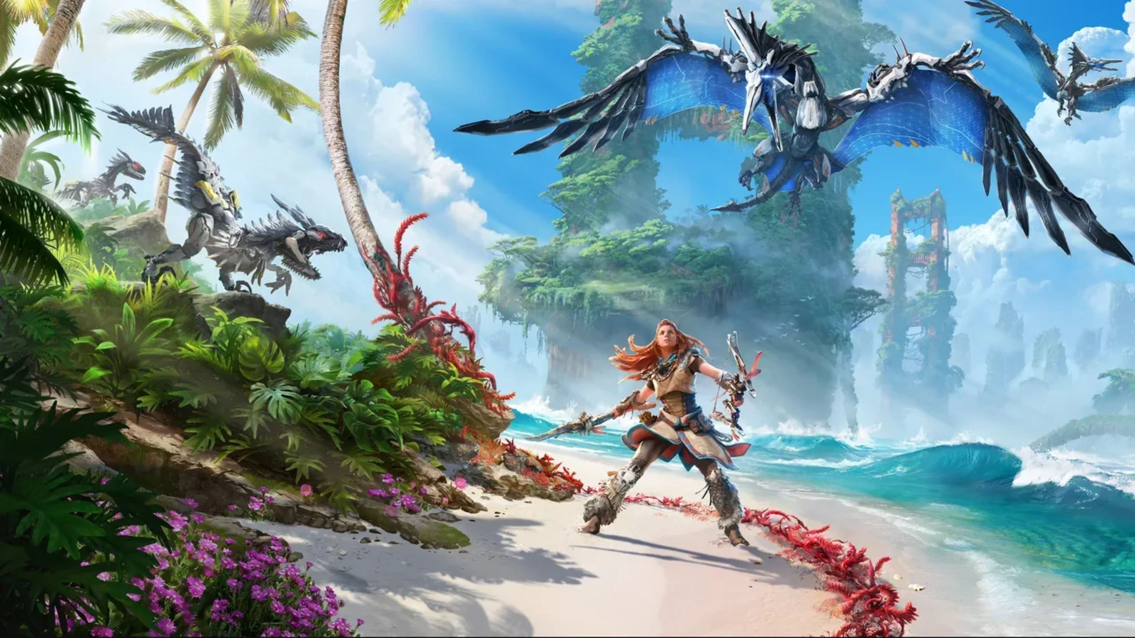 Aloy standing on a tropical beach in Horizon Forbidden West as flying machines soar above lush cliffs and ocean waves.