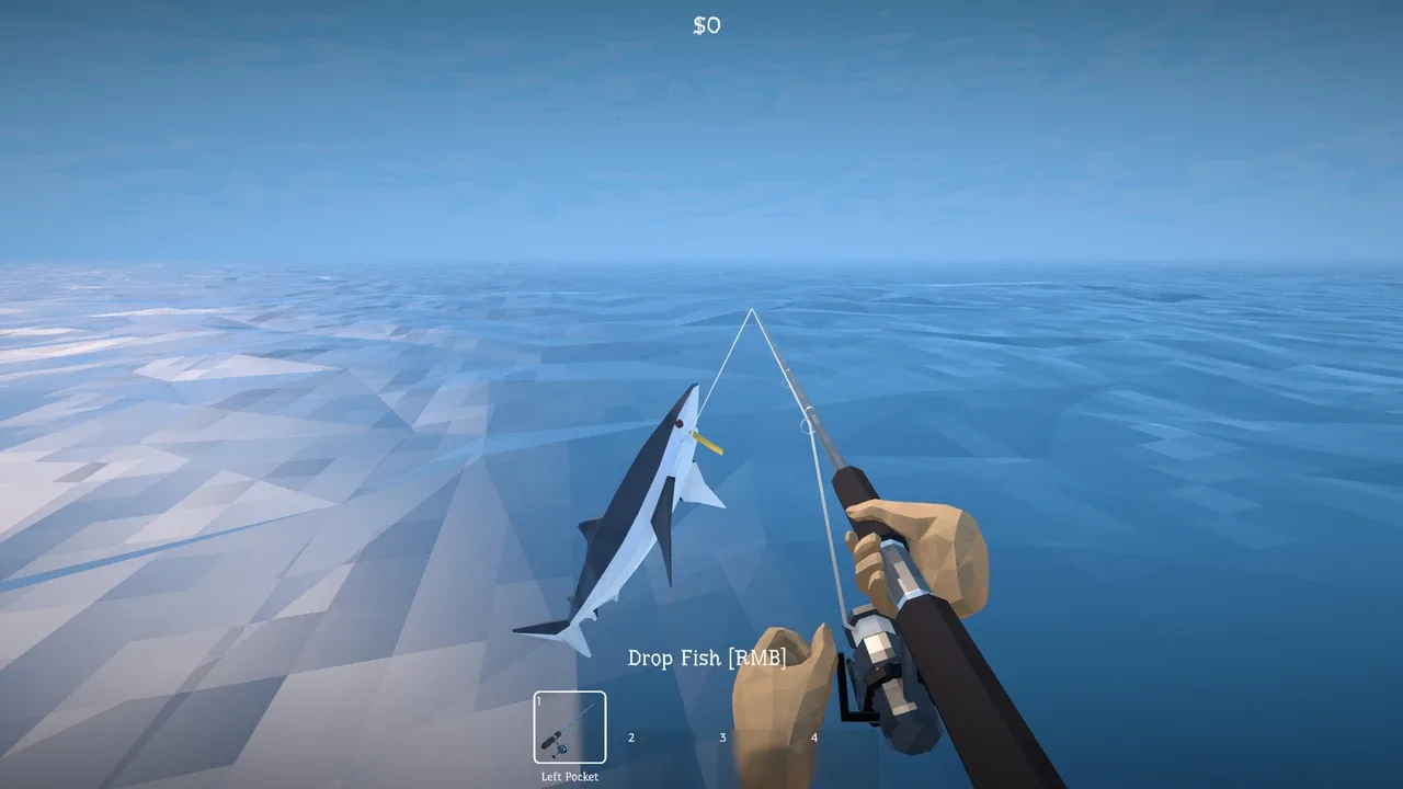 The player reels in a shark while fishing in the open ocean in How to Fish.