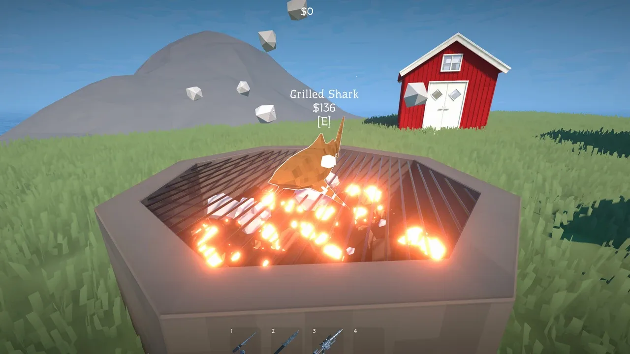 A grilled shark cooking over an open fire in How to Fish, with a red cabin in the background.