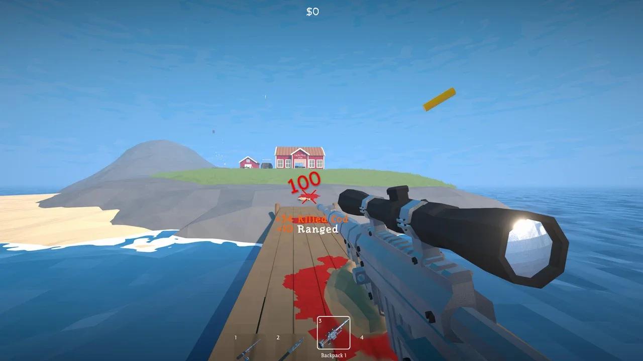 The player shoots a cod with a scoped rifle on a wooden pier in How to Fish.