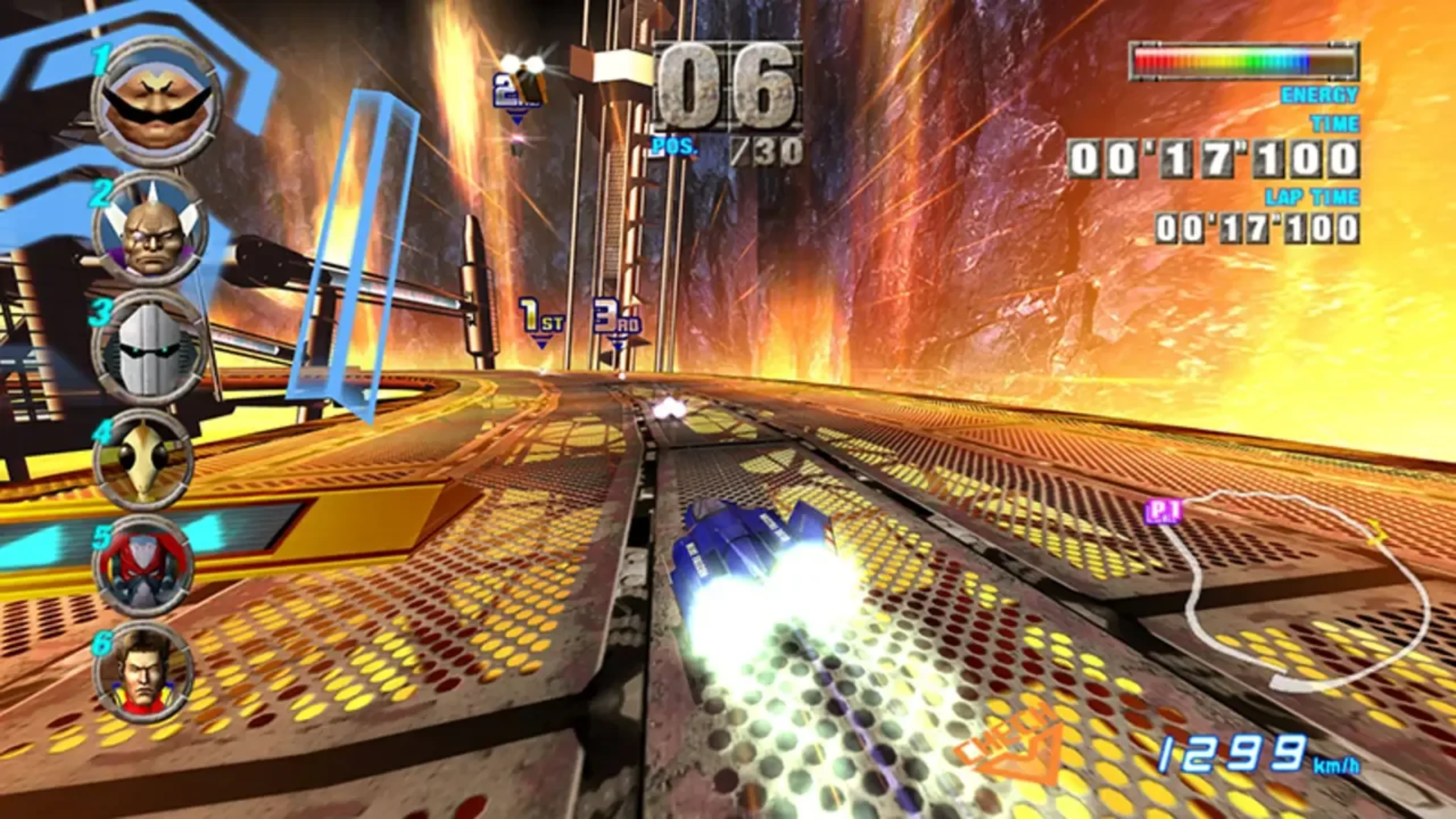 F-Zero GX gameplay showing a blue racing machine boosting along a metallic track surrounded by glowing orange scenery.