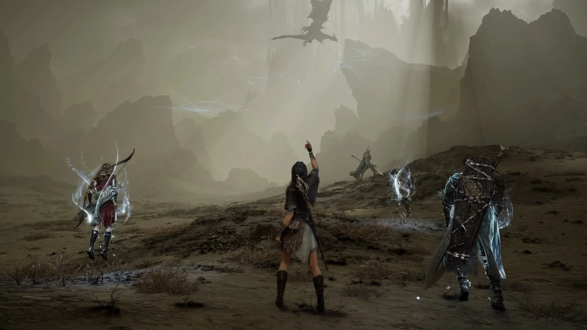 Nodusfall characters prepare to fight mythical creatures across a ruined fantasy landscape