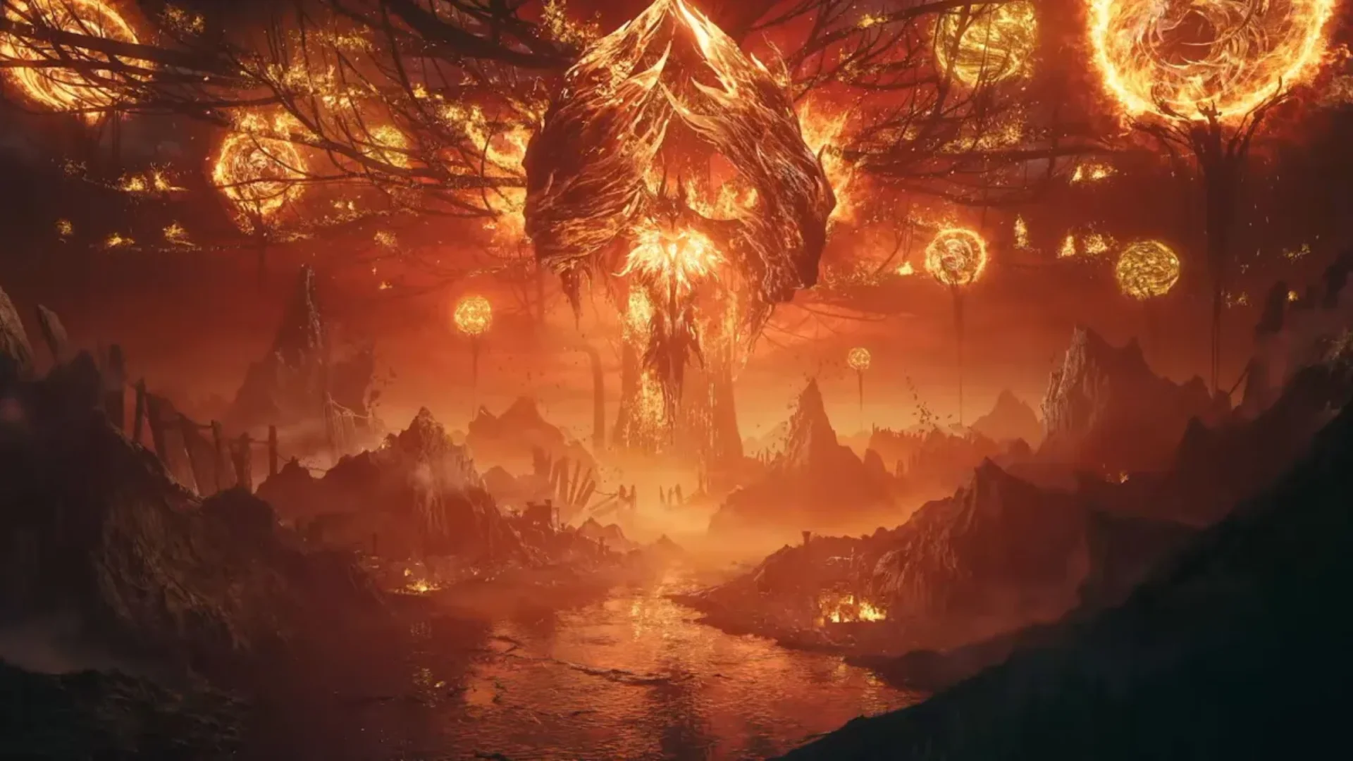 Nodusfall fantasy world transformed by enormous fiery supernatural structures