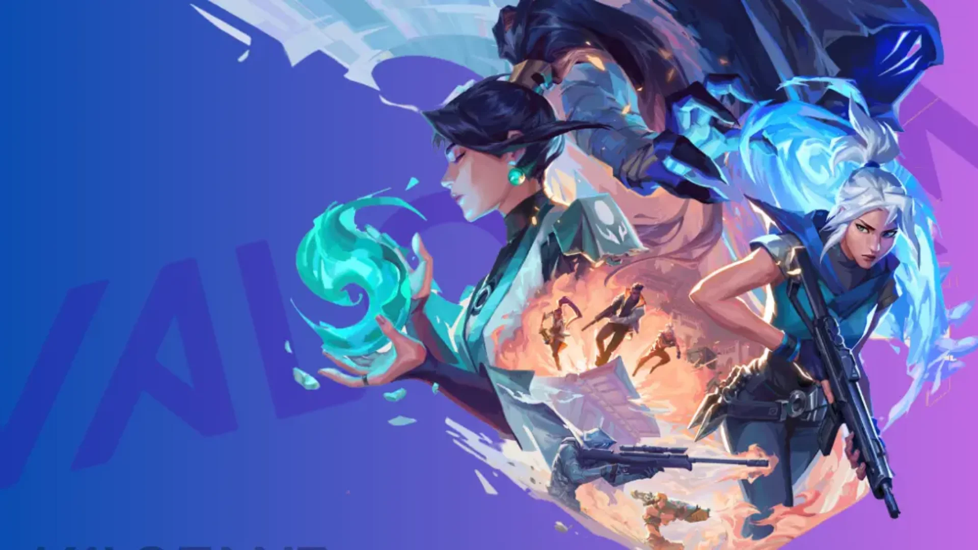 VALORANT promotional artwork featuring Jett and other agents against a blue and purple background.