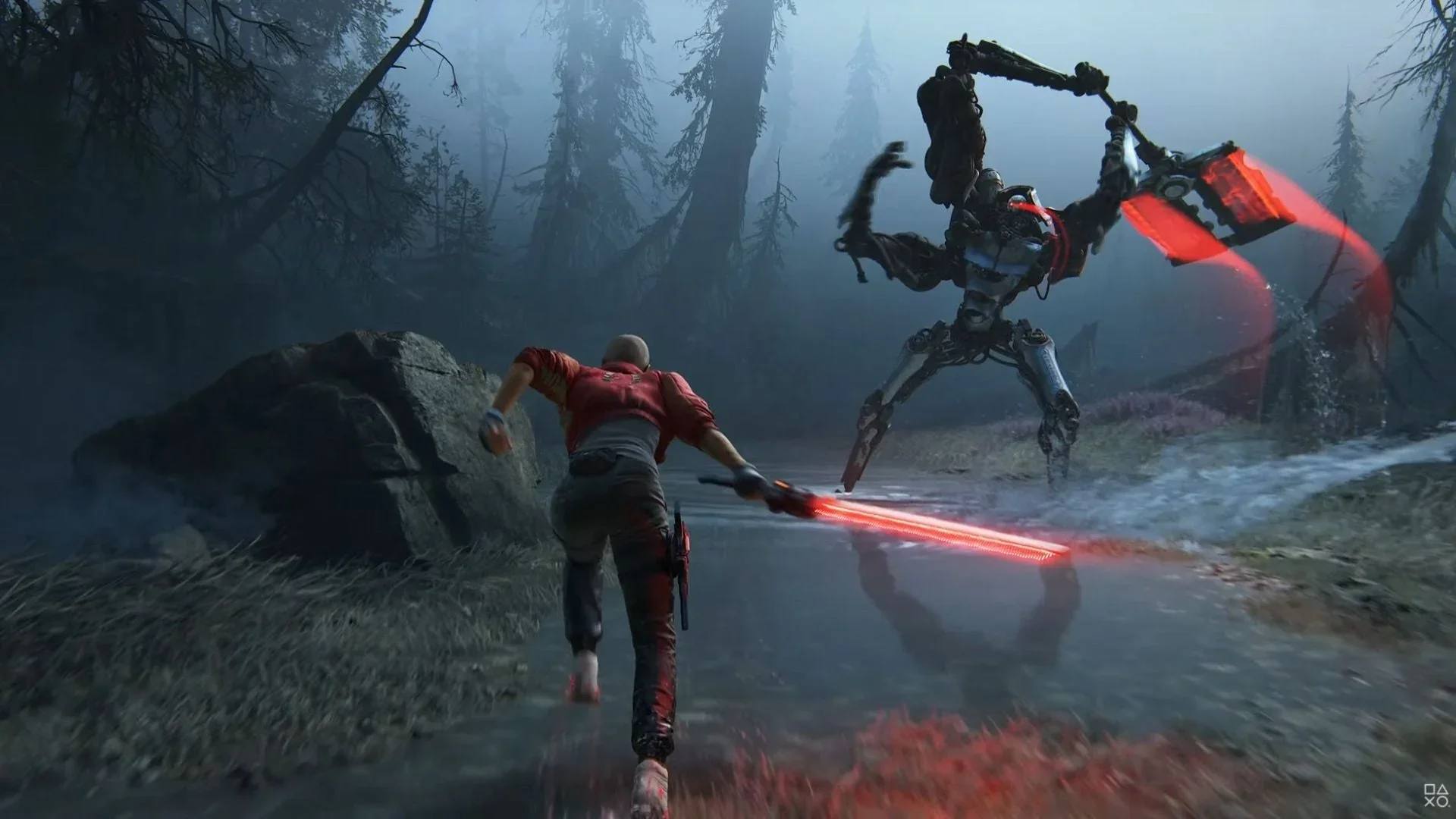 Jordan A. Mun swings a glowing red blade at a large robot in a misty forest in Intergalactic: The Heretic Prophet.