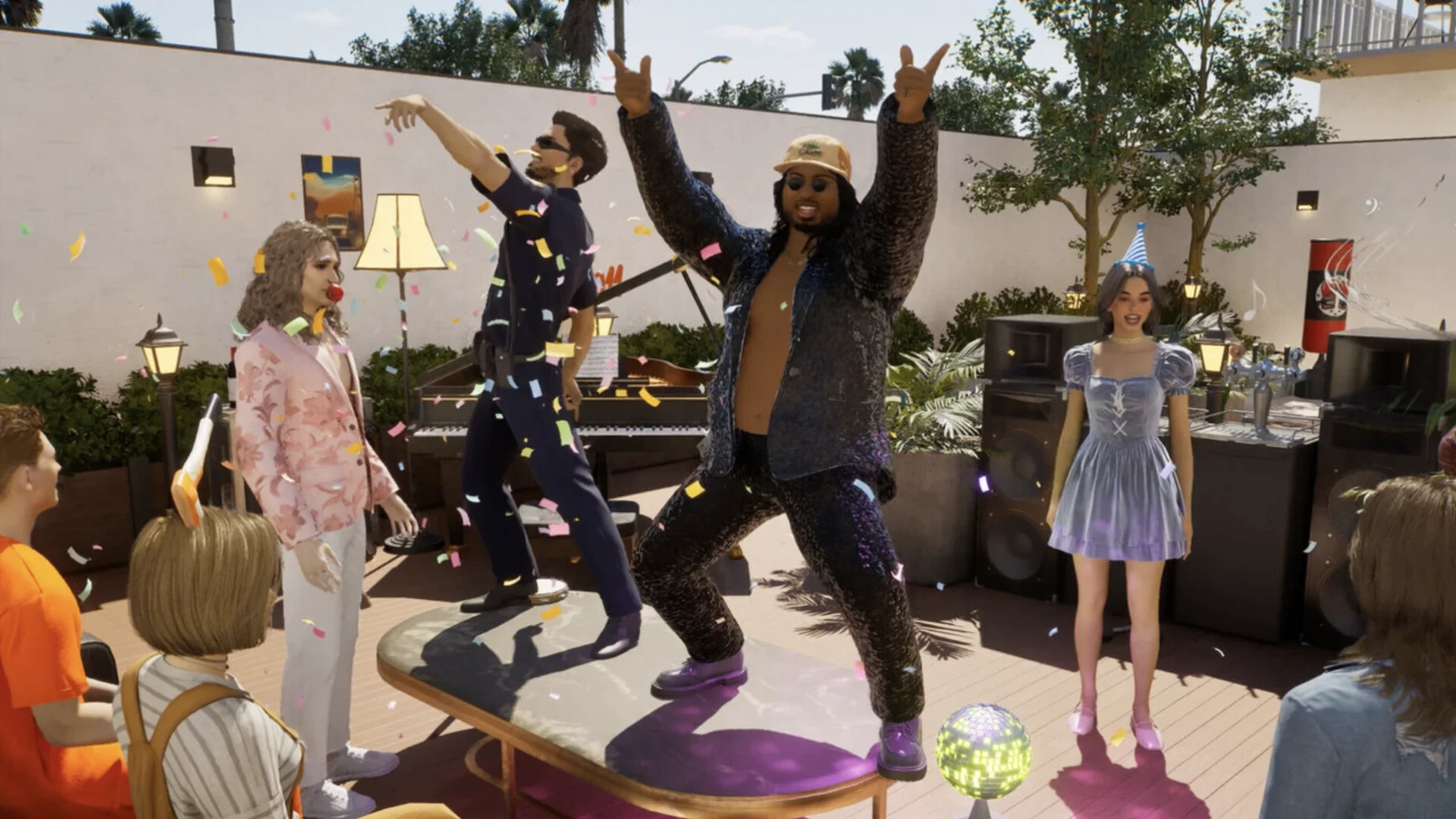 Zois celebrate at an outdoor party with confetti, speakers and a piano in inZOI Canvastown.