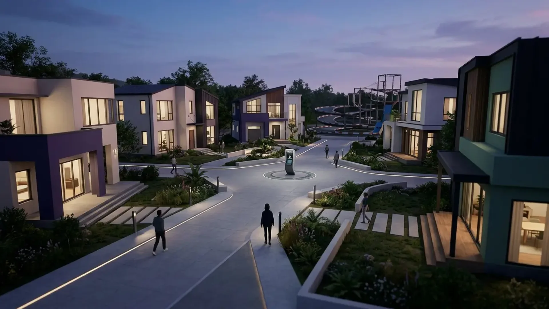 Characters walk through a modern residential neighborhood at dusk in inZOI Canvastown.