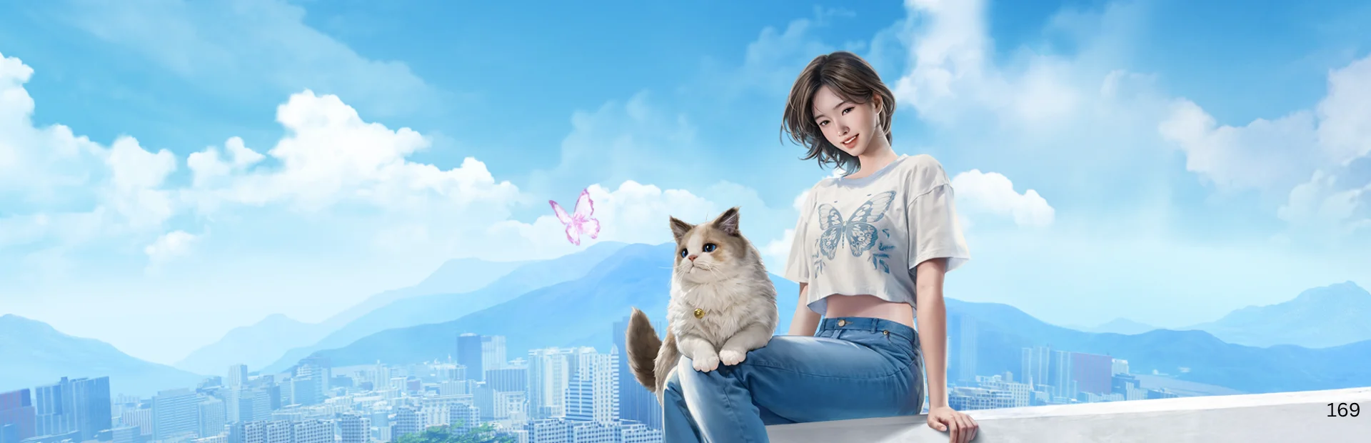 A woman sits beside a fluffy cat above a city skyline beneath a bright blue sky in inZOI artwork.