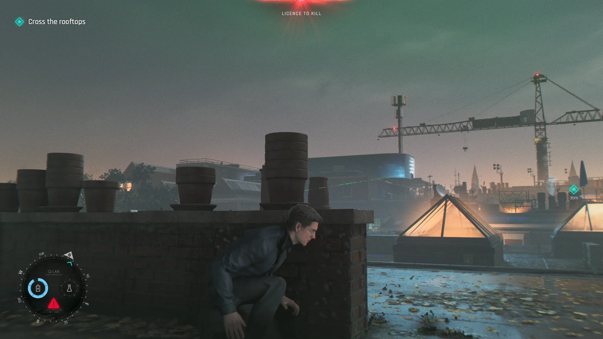 James Bond crouches behind cover on a rooftop at night during a mission in 007 First Light.