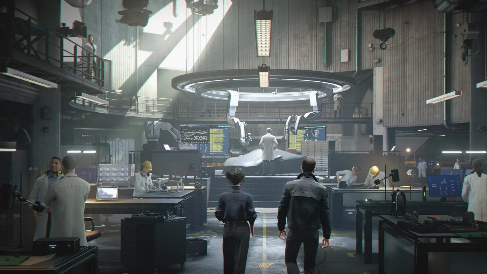 James Bond walks through a high-tech laboratory as scientists work around robotic equipment in 007 First Light.