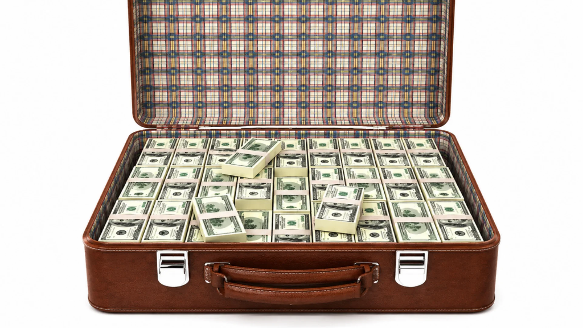 An open brown briefcase filled with bundled stacks of US dollar bills against a white background.