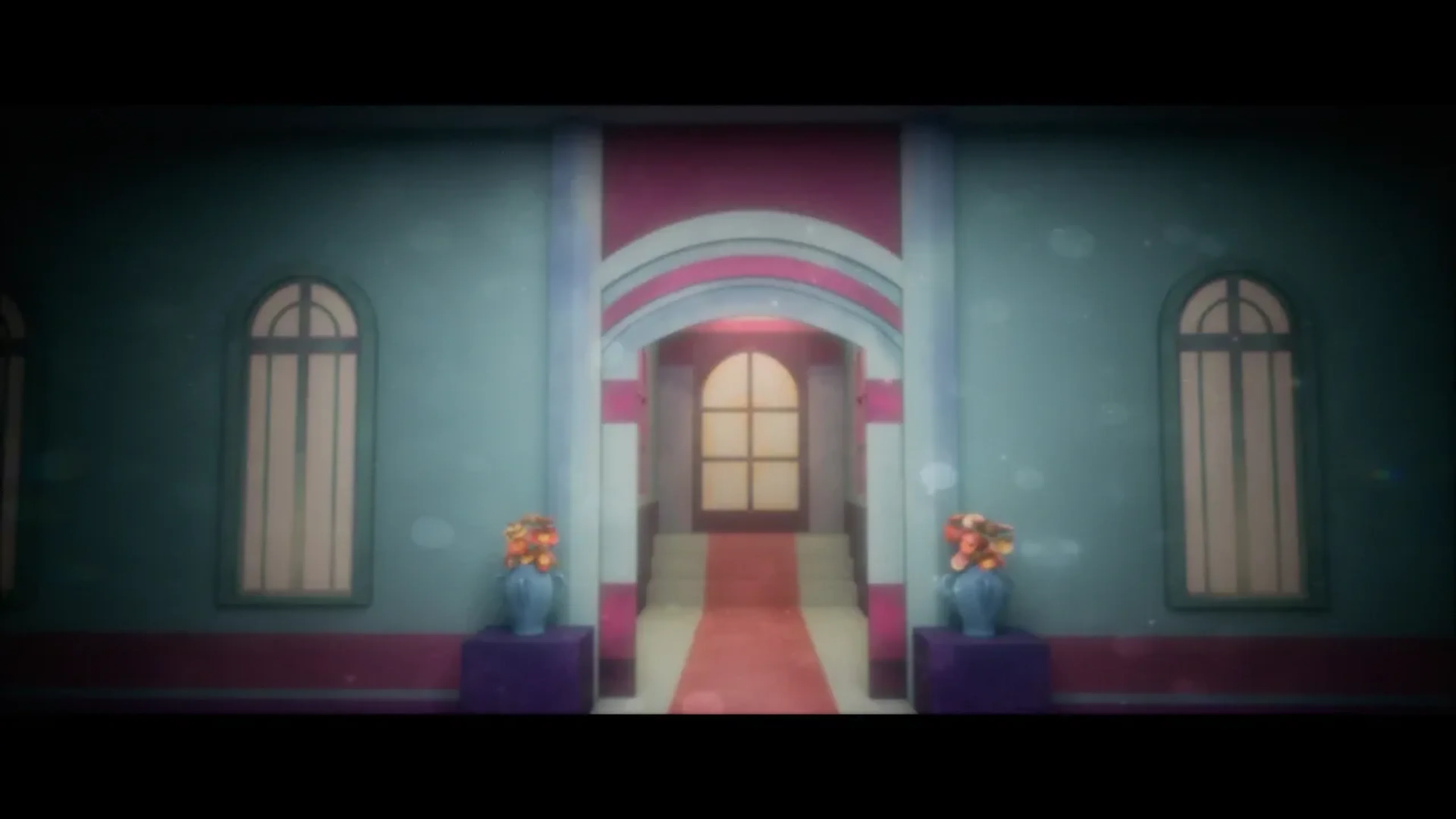 A dimly lit building entrance in Jiaohun features pink and white arches, tall windows and two flower vases beside a central walkway.