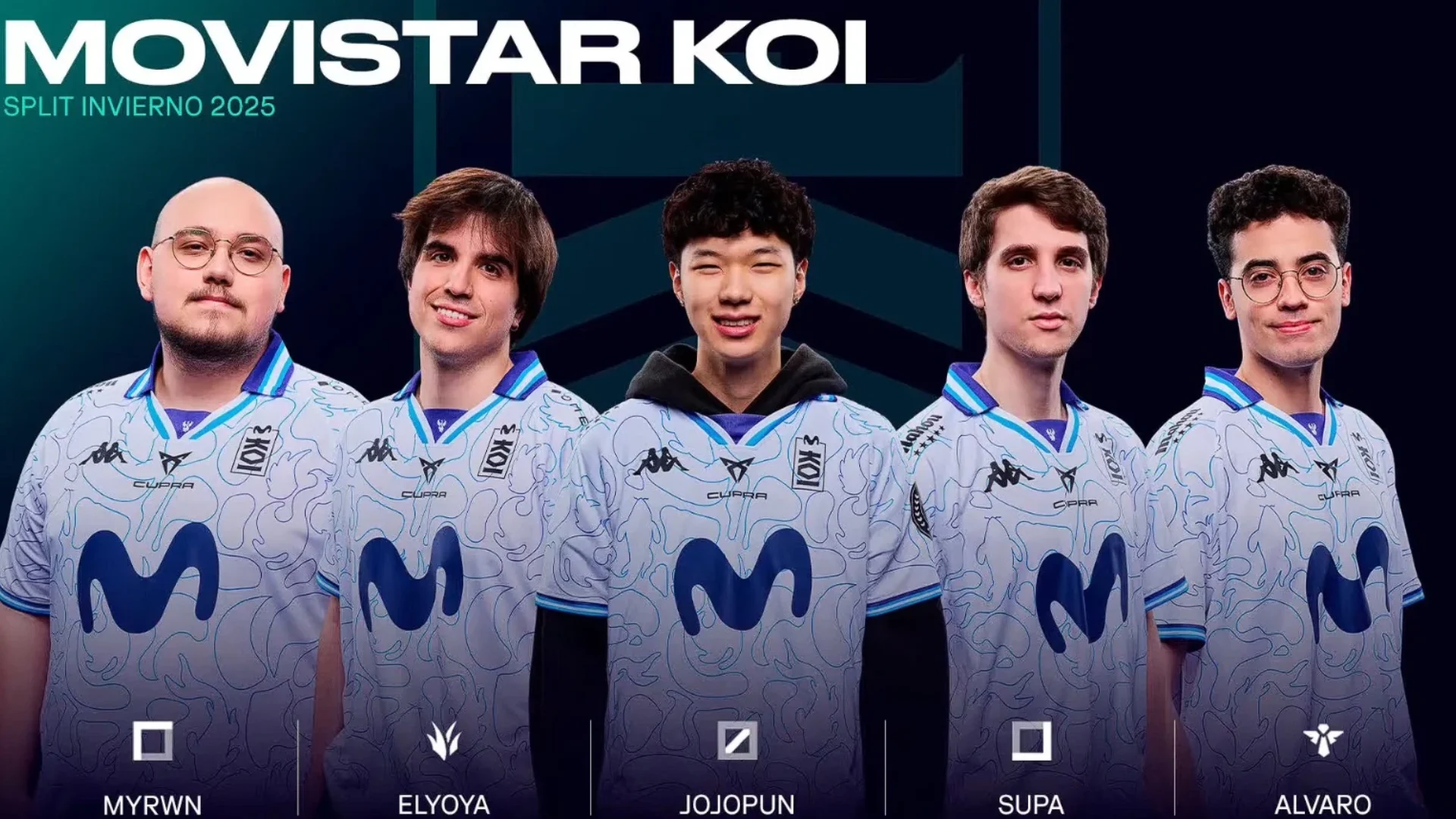 Five Movistar KOI League of Legends players pose in white team jerseys in a Winter Split 2025 roster graphic.