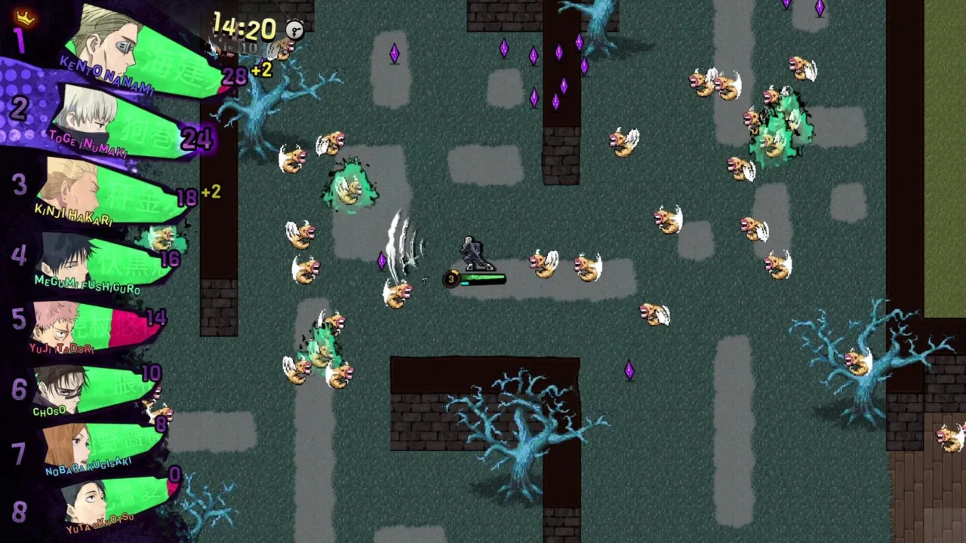 Jujutsu Kaisen Rumble: Survivaton gameplay shows a player fighting enemies while eight competitors are ranked on screen.