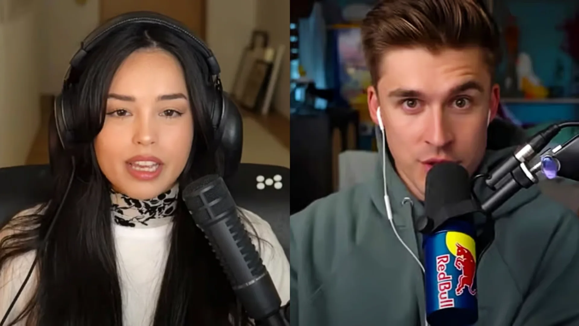 Two streamers speak into microphones during a split-screen online broadcast.