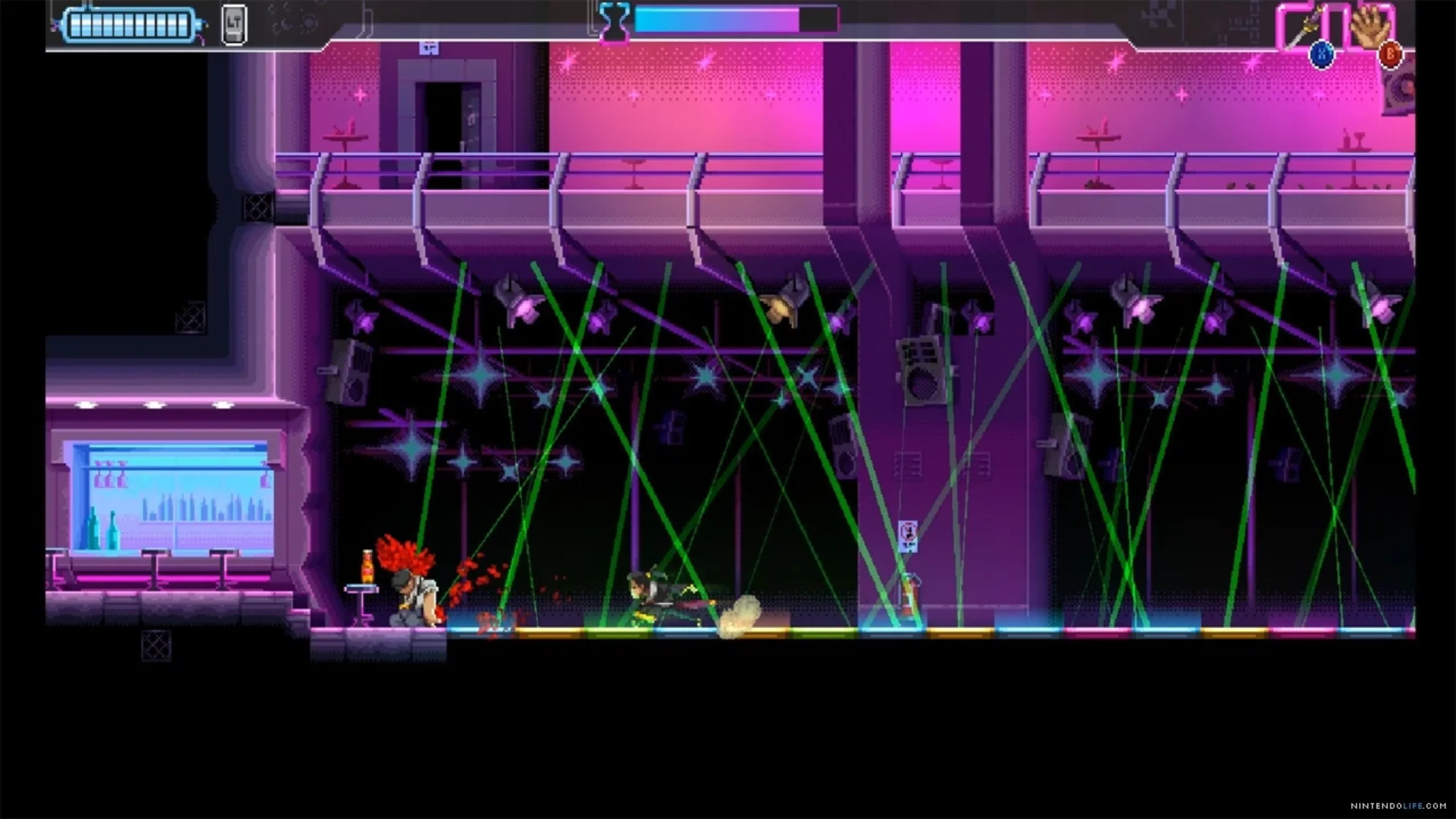 Two characters fight across a nightclub floor filled with green laser beams and purple lighting in Katana ZERO.