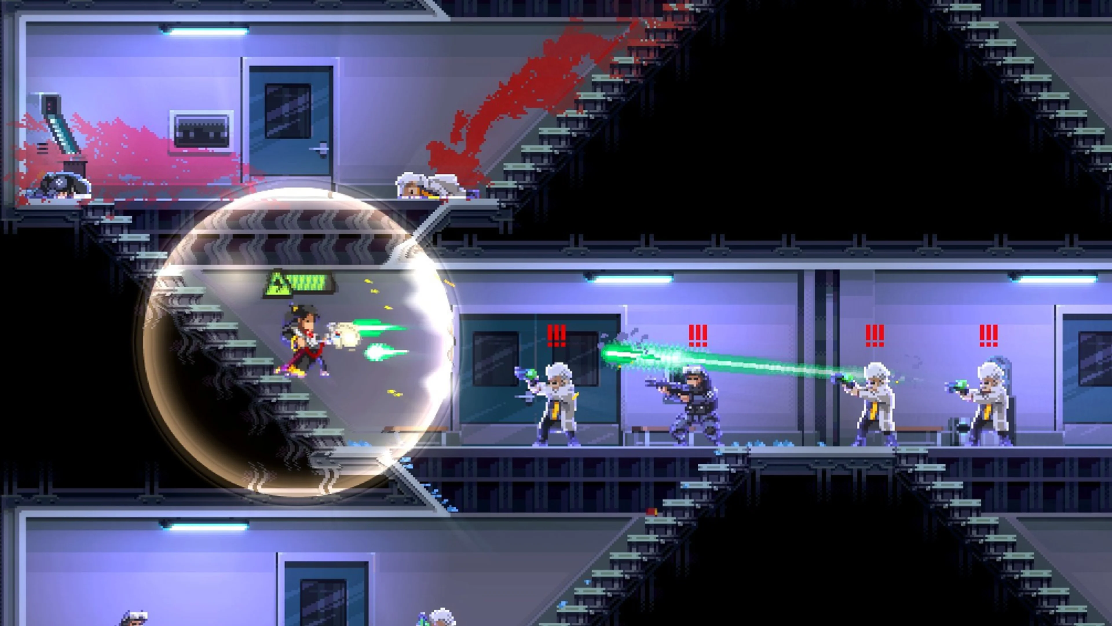 A character fires green projectiles at armed enemies across a multilevel interior, with a glowing circular effect in Katana ZERO.