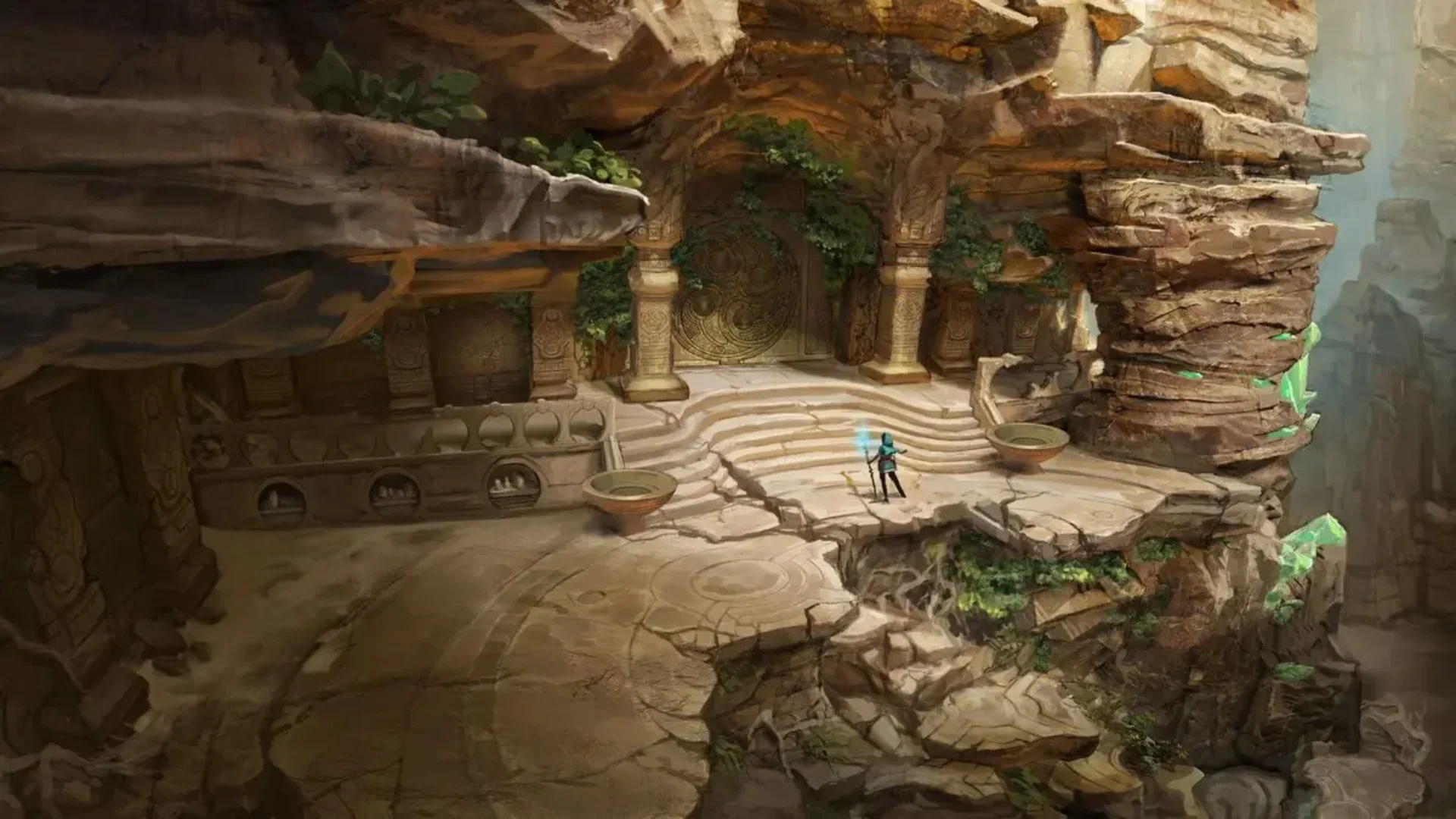 Kena stands before an ancient carved doorway surrounded by cliffs and green crystals in Kena: Scars of Kosmora.