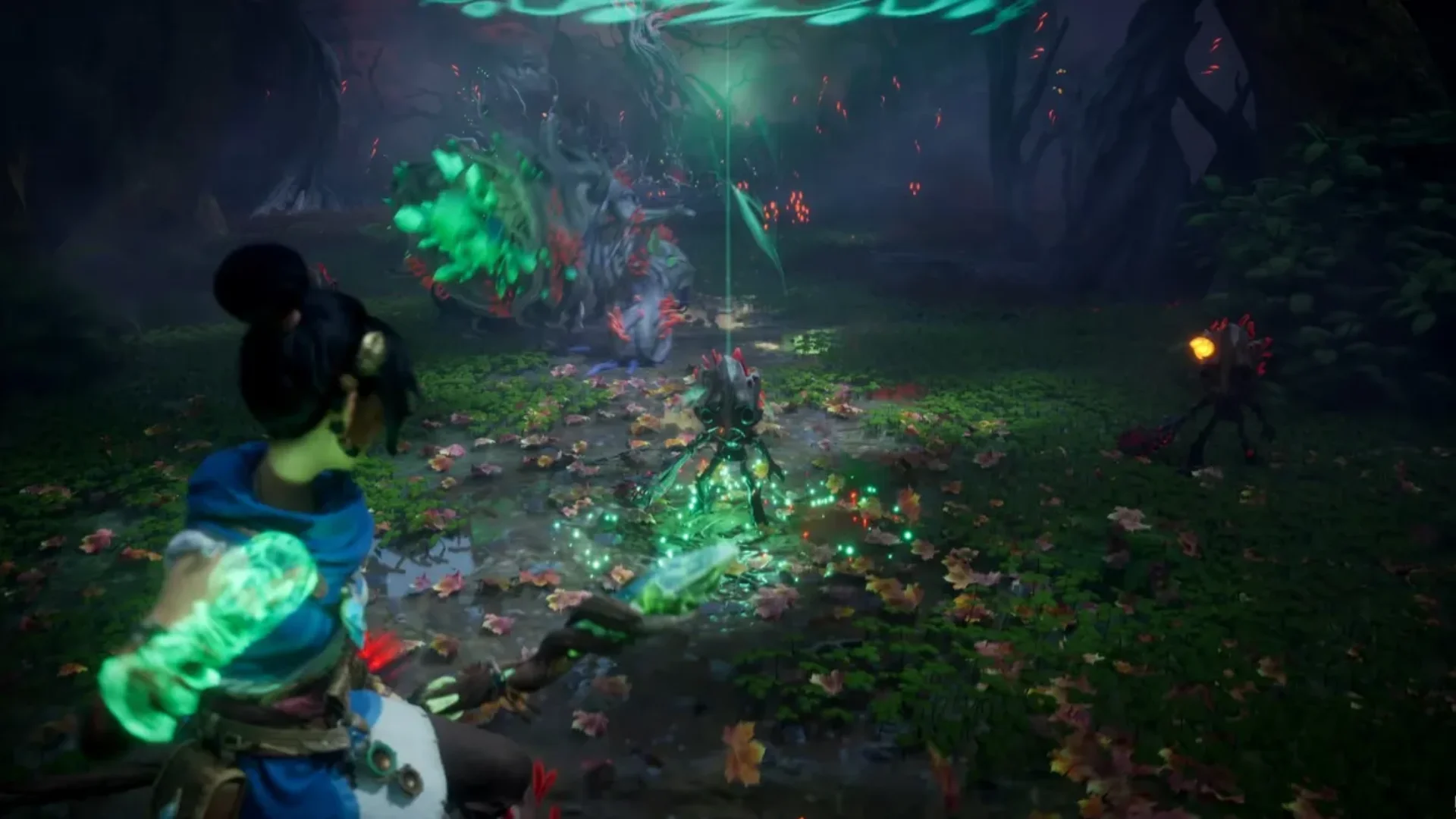 Kena uses glowing green elemental abilities against corrupted creatures in a dark forest in Kena: Scars of Kosmora.