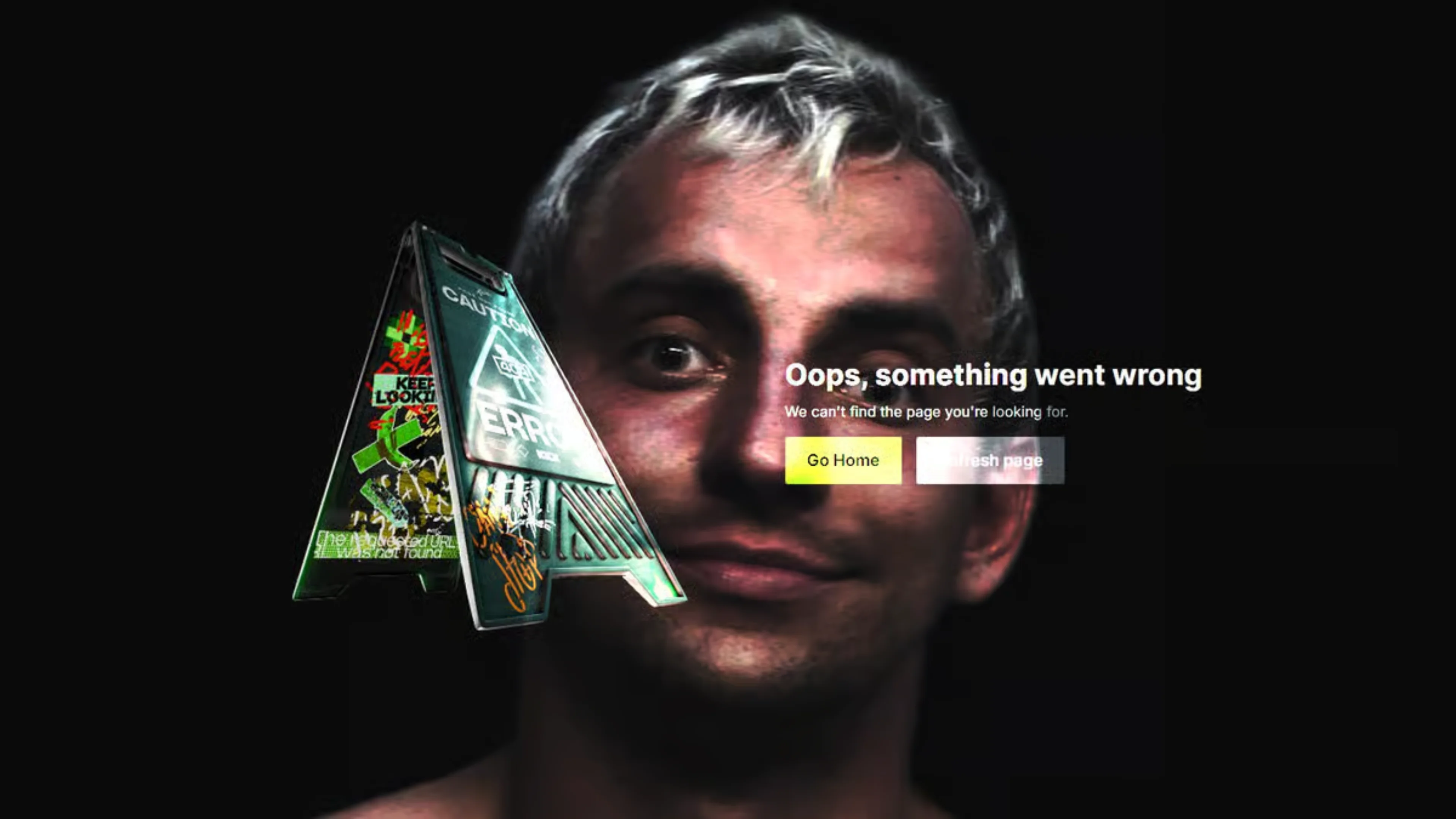 A Kick channel error message reading "Oops, something went wrong" appears over a close-up portrait, with a caution sign displayed on the left.